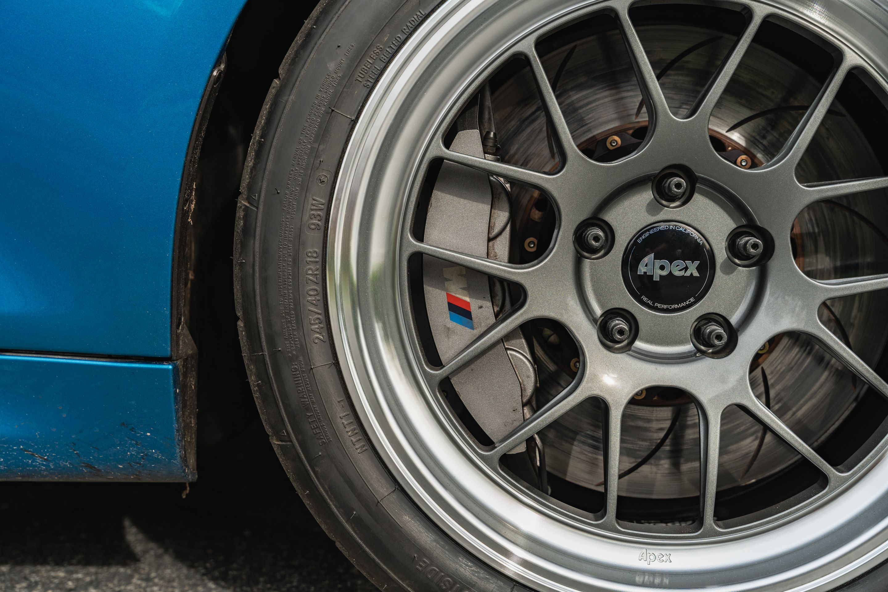 Blue BMW F87 M2 with 18" ML-7RT Apex wheels in Machined Lip Anthracite