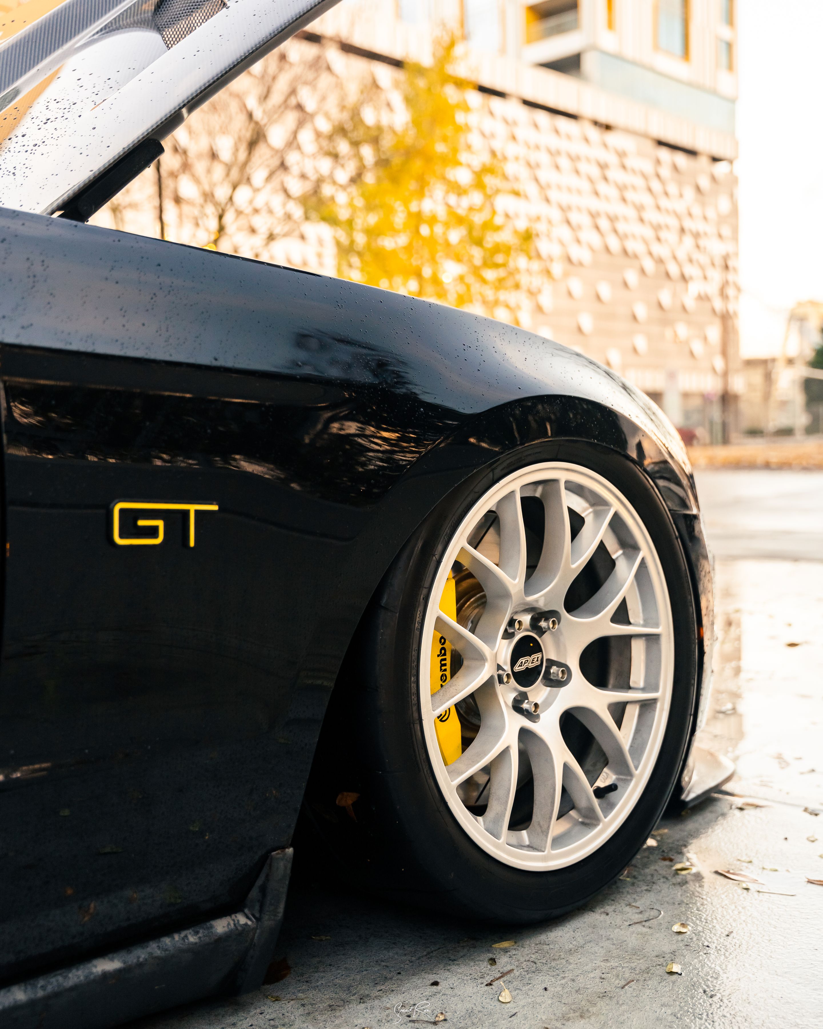 Black Ford S197 Mustang GT with 18" EC-7 Apex wheels in Race Silver