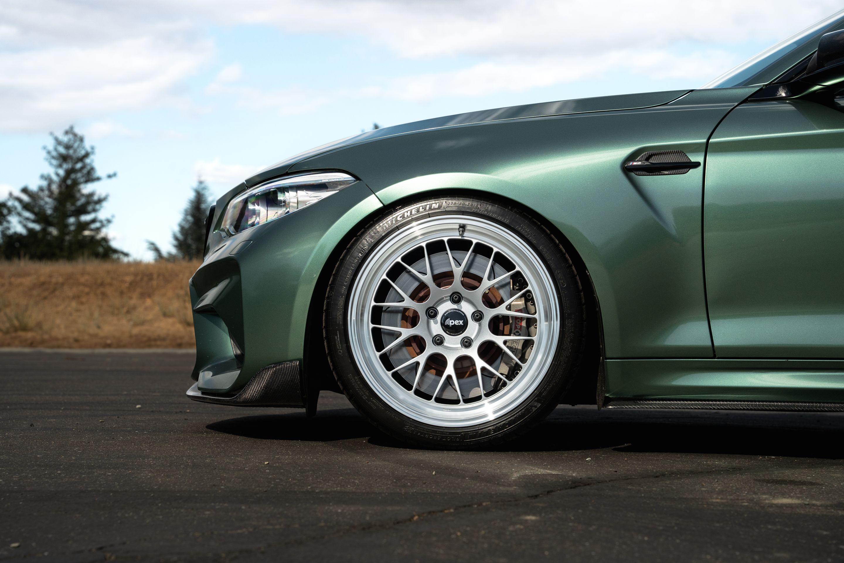Green BMW F87 M2 with 19" ML-10RT Apex wheels in Machined Lip Race Silver