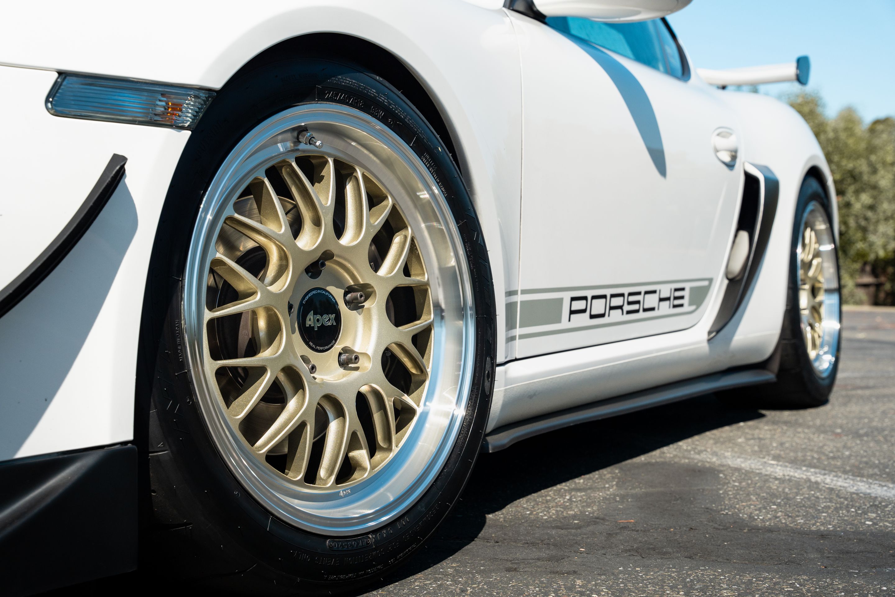 White Porsche 987 Cayman Base with 18" ML-10RT Apex wheels in Machined Lip Gloss Motorsport Gold