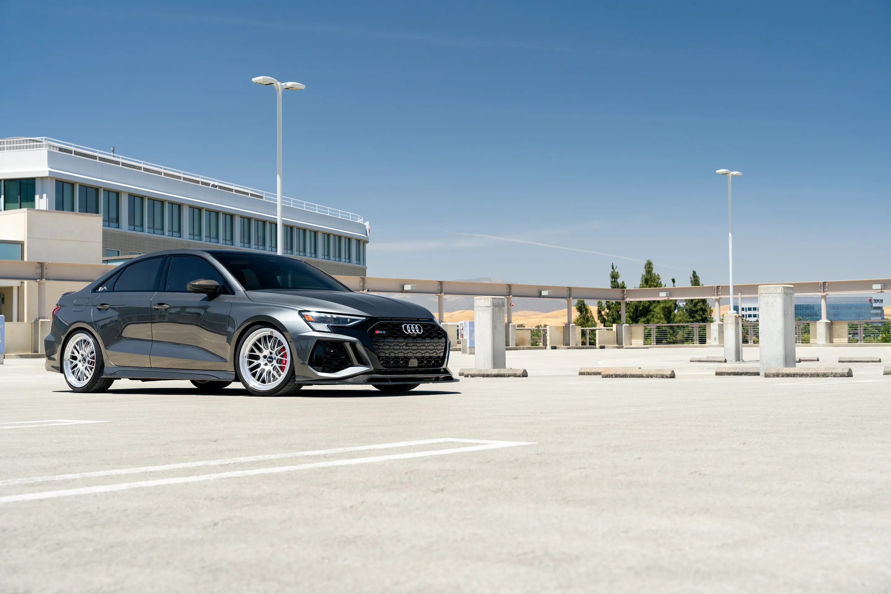 Grey Audi 8Y RS 3 with 19" ML-10RT Apex wheels in Machined Lip Race Silver