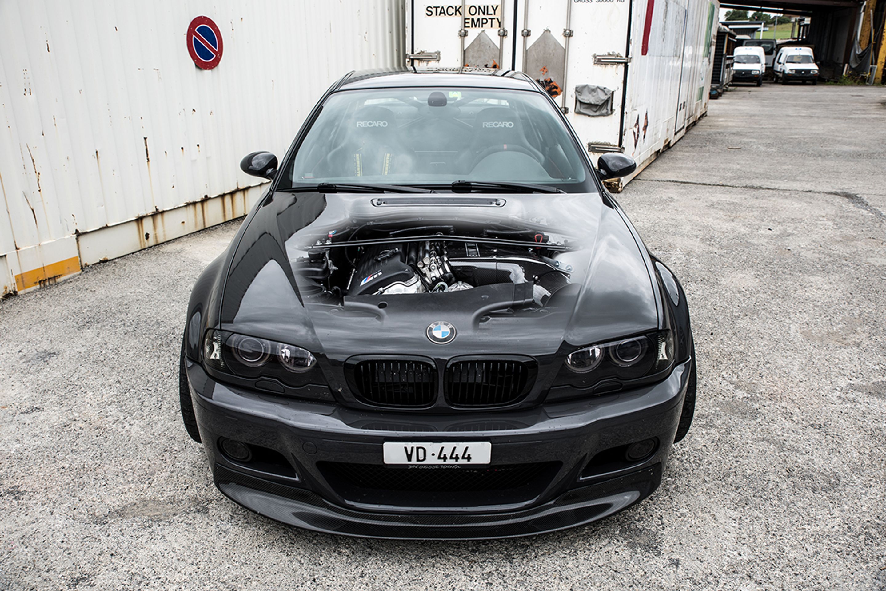 Grey BMW E46 M3 with 19" ARC-8 Apex wheels in Race Silver