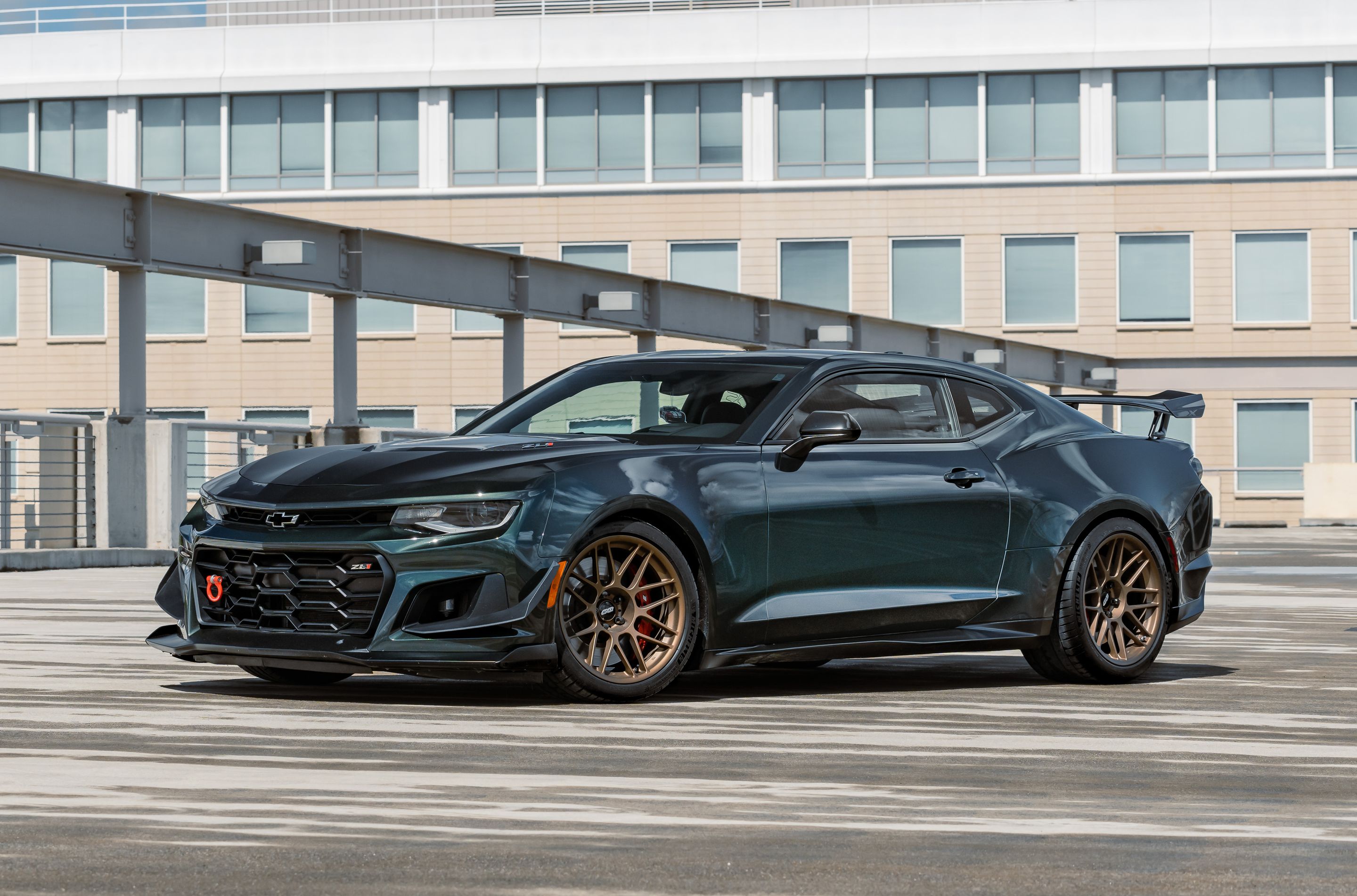 Green Chevrolet 6th Gen Camaro ZL1 1LE with 19" ARC-8 Apex wheels in Satin Bronze