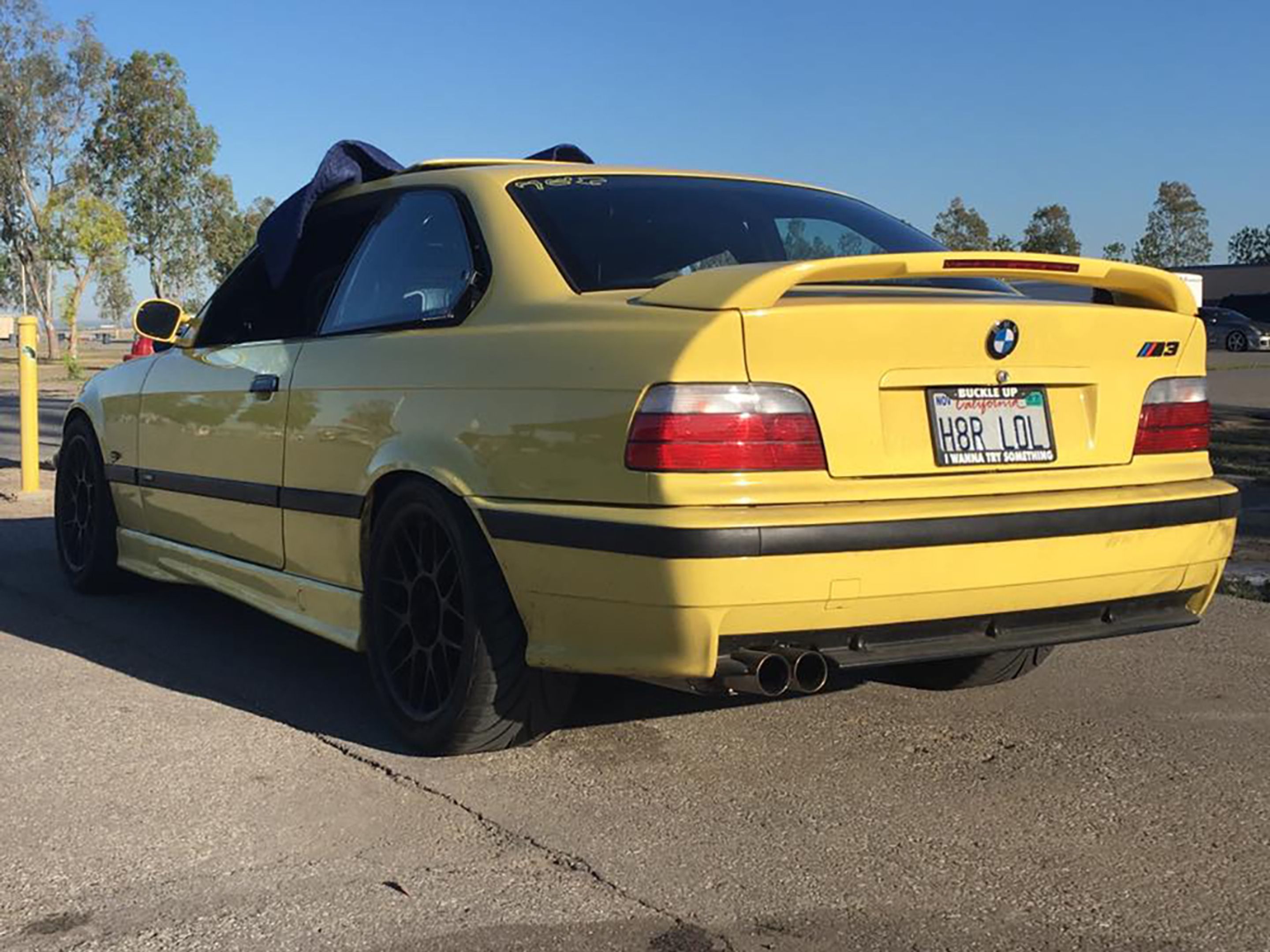 Yellow BMW E36 M3 with 17" ARC-8 Apex wheels in Satin Black