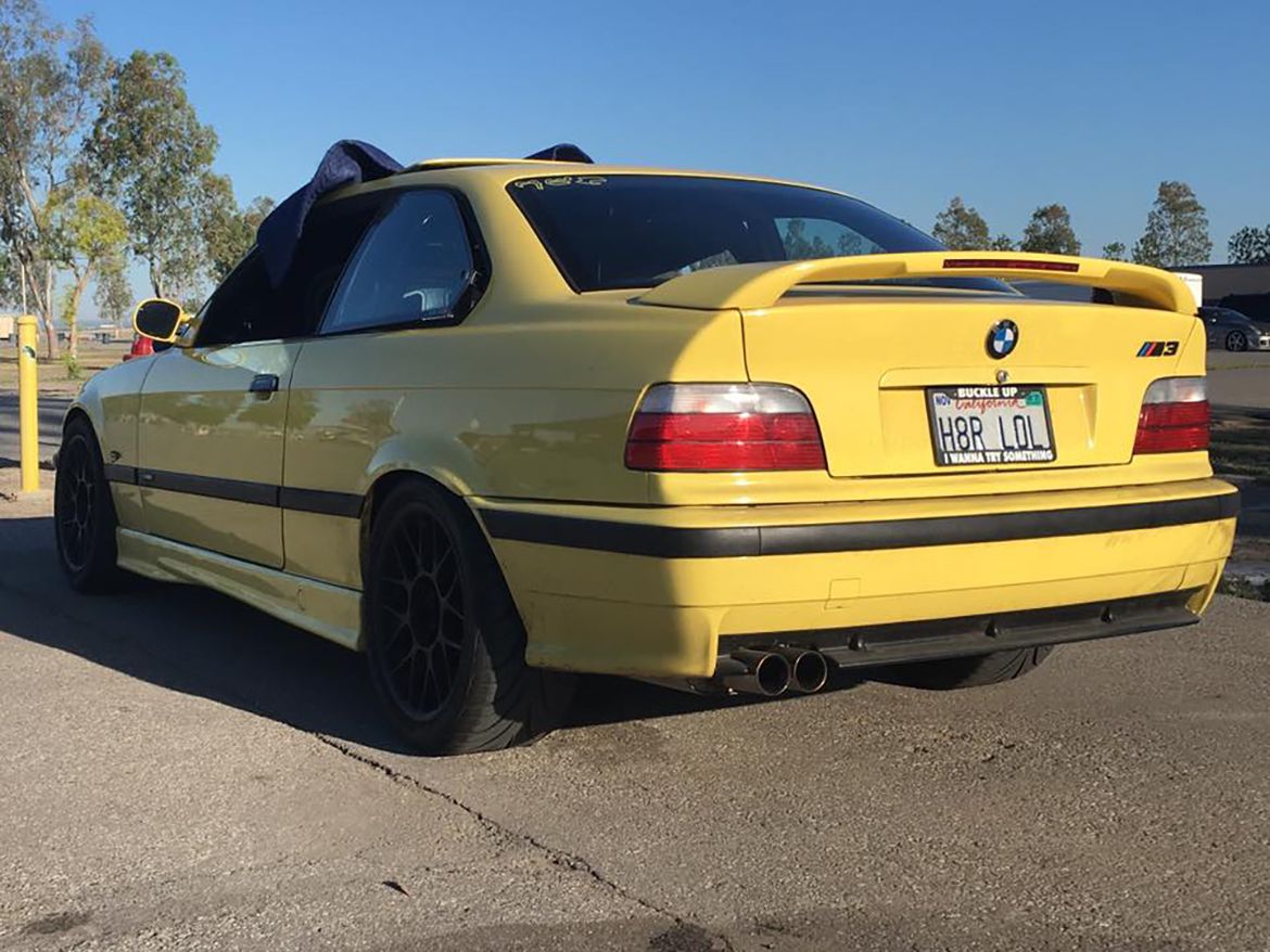 Yellow BMW E36 M3 with 17" ARC-8 Apex wheels in Satin Black