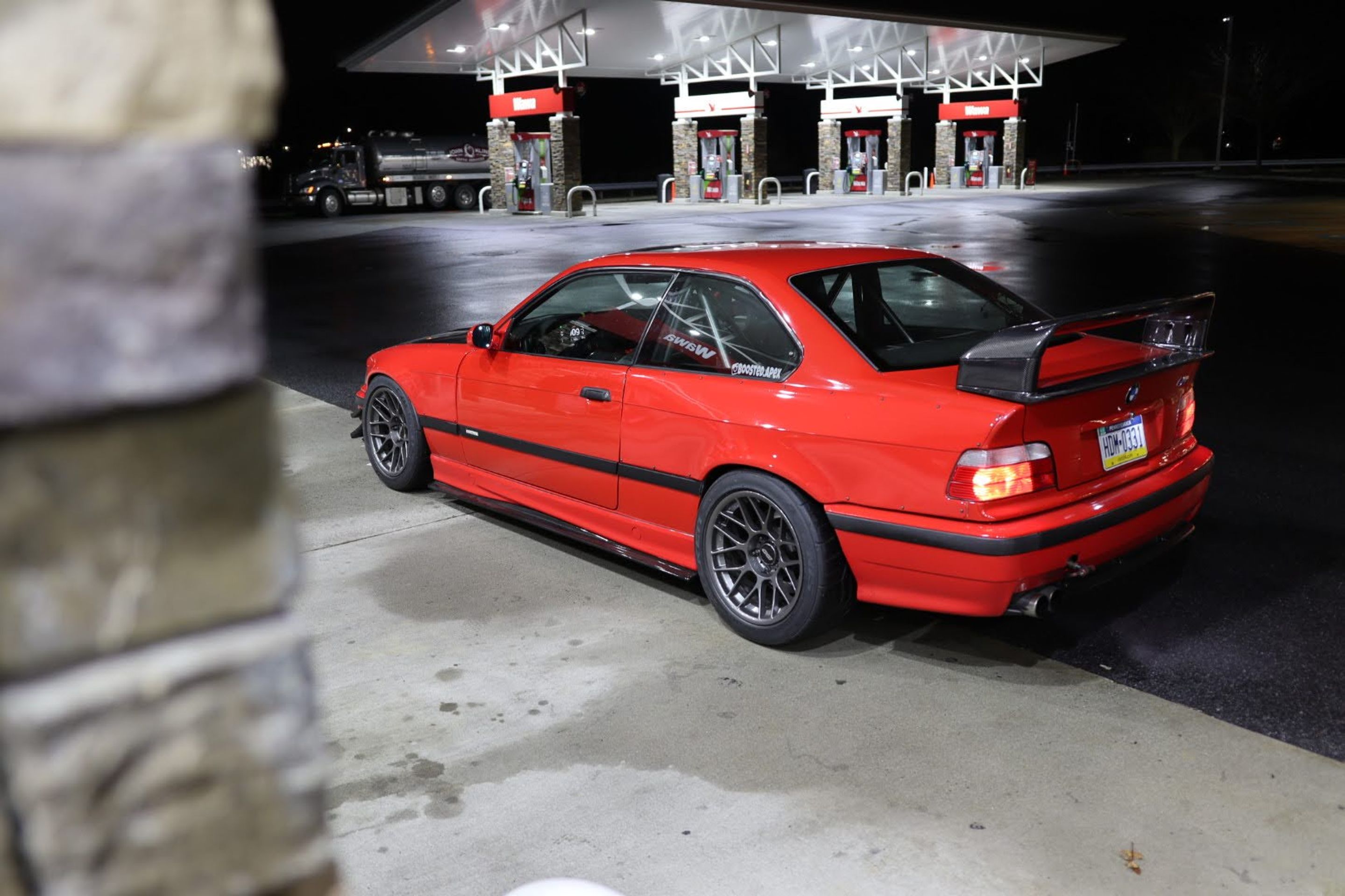 Red BMW E36 M3 with 17" ARC-8 Apex wheels in Anthracite