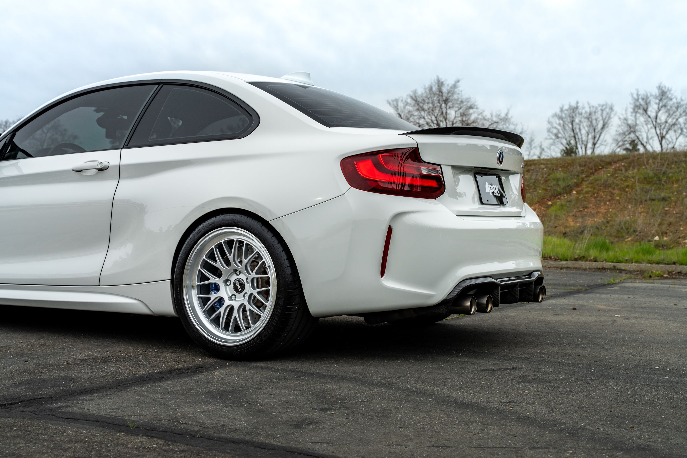 White BMW F87 M2 with 19" ML-10RT Apex wheels in Machined Lip Race Silver
