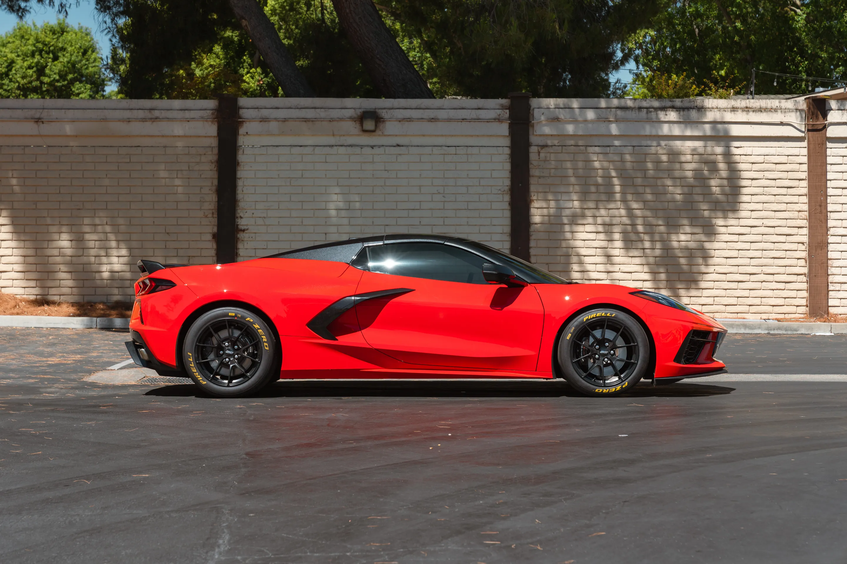 Red Chevrolet C8 Corvette Stingray/Z51 with 18" VS-5RS Apex wheels in Satin Black