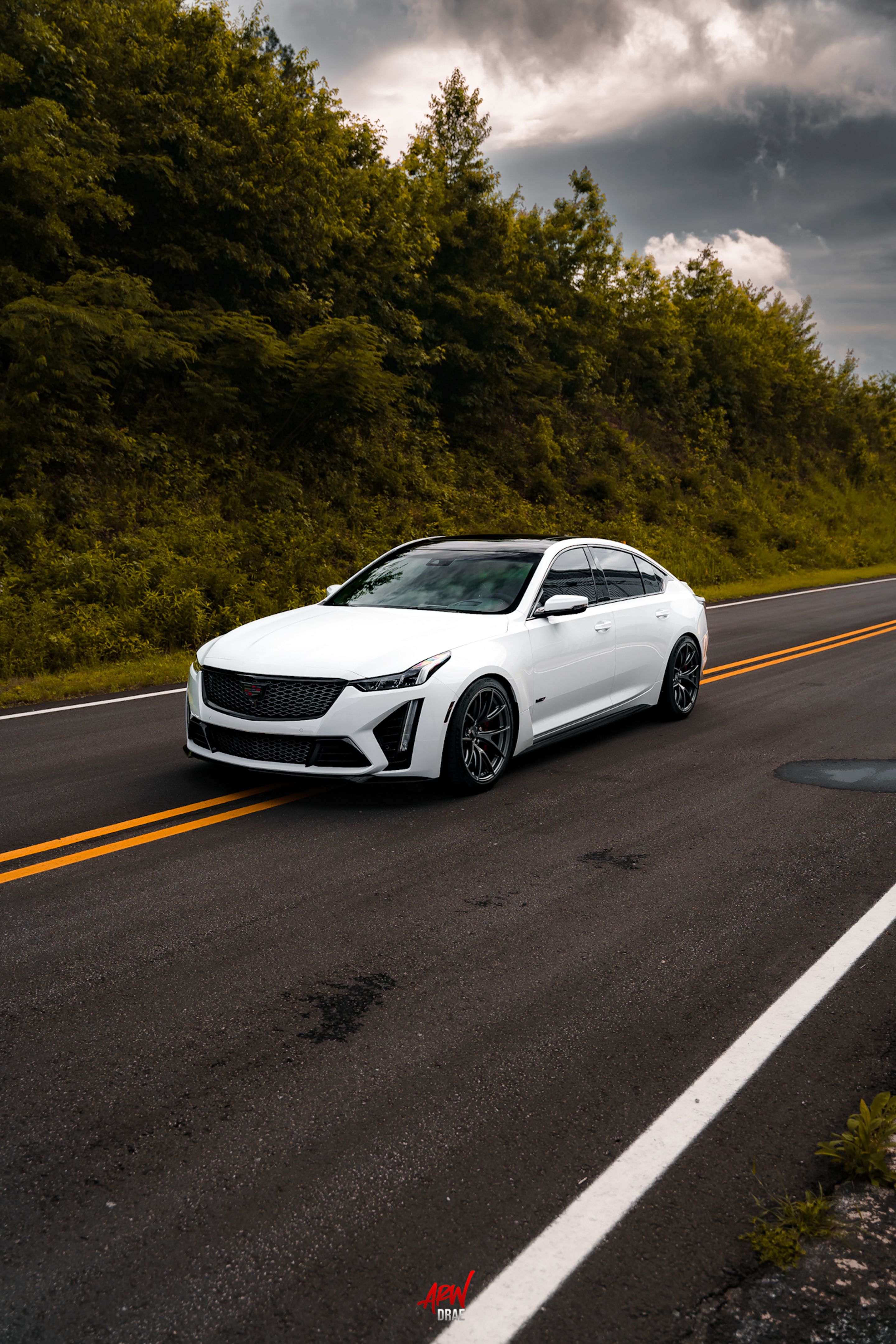 White Cadillac CT5-V Blackwing with 19" VS-5RS Apex wheels in Anthracite