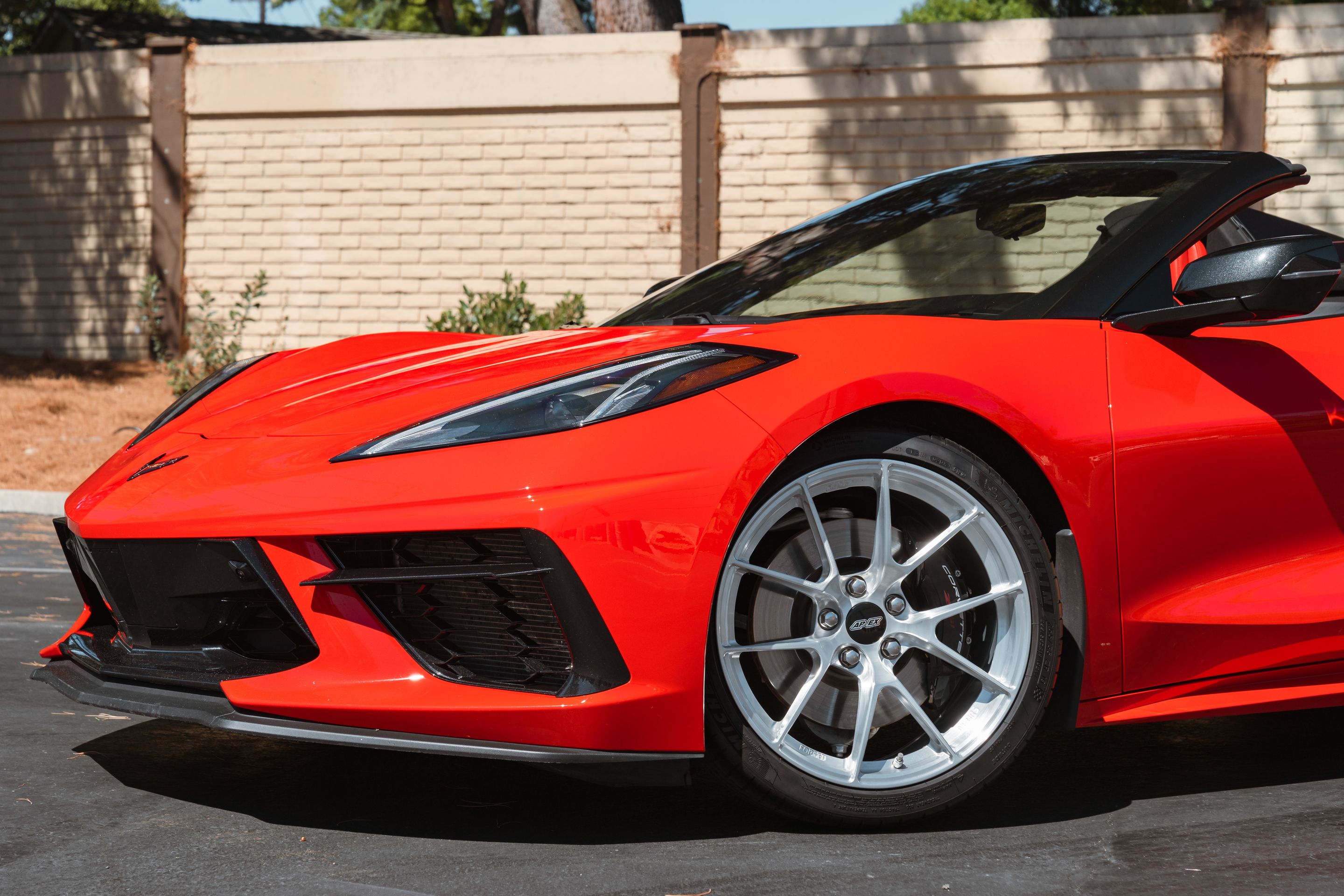 Red Chevrolet C8 Corvette Stingray/Z51 with 19" VS-5RS Apex wheels in Brushed Clear