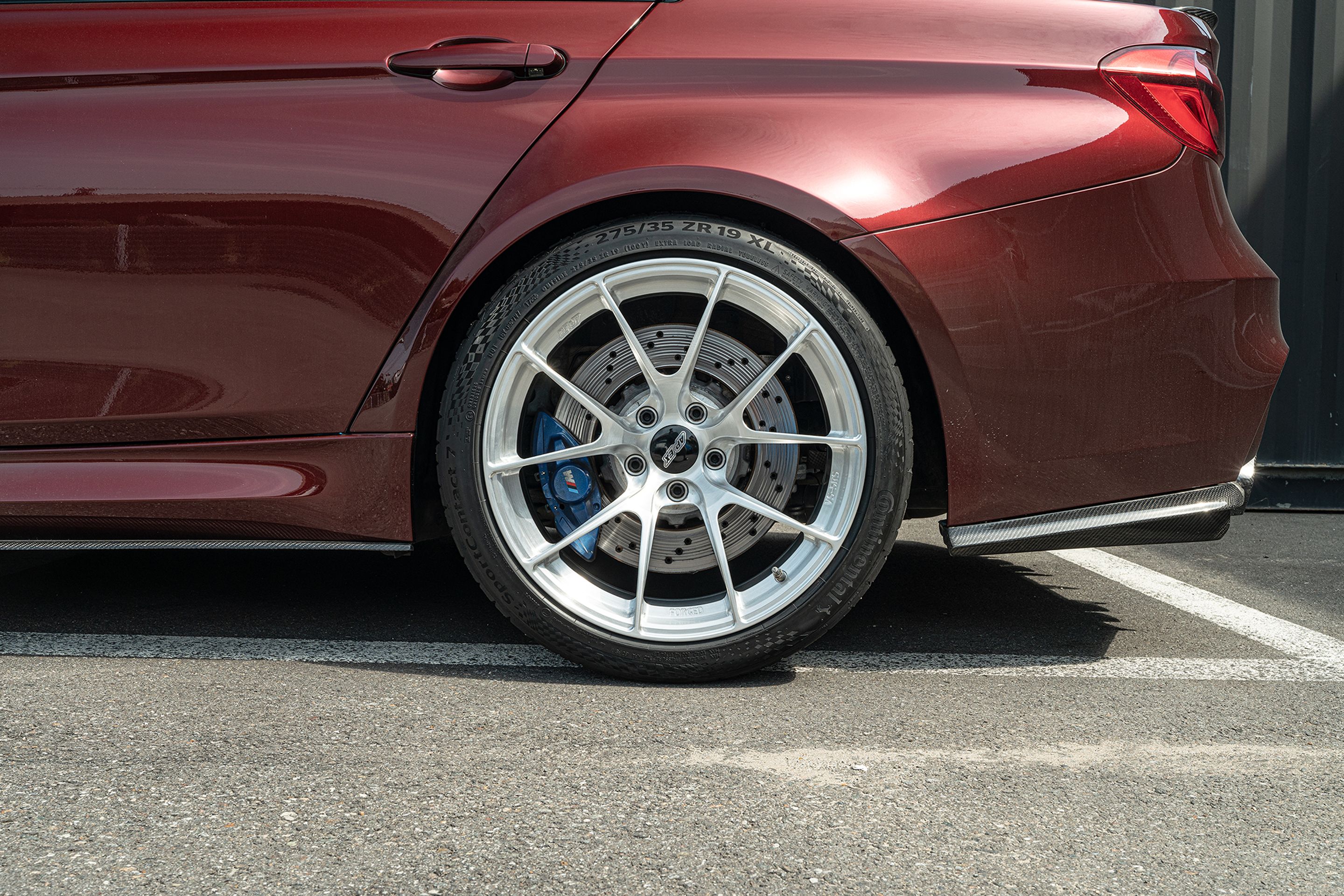 Red BMW F80 M3 with 19" VS-5RS Apex wheels in Brushed Clear