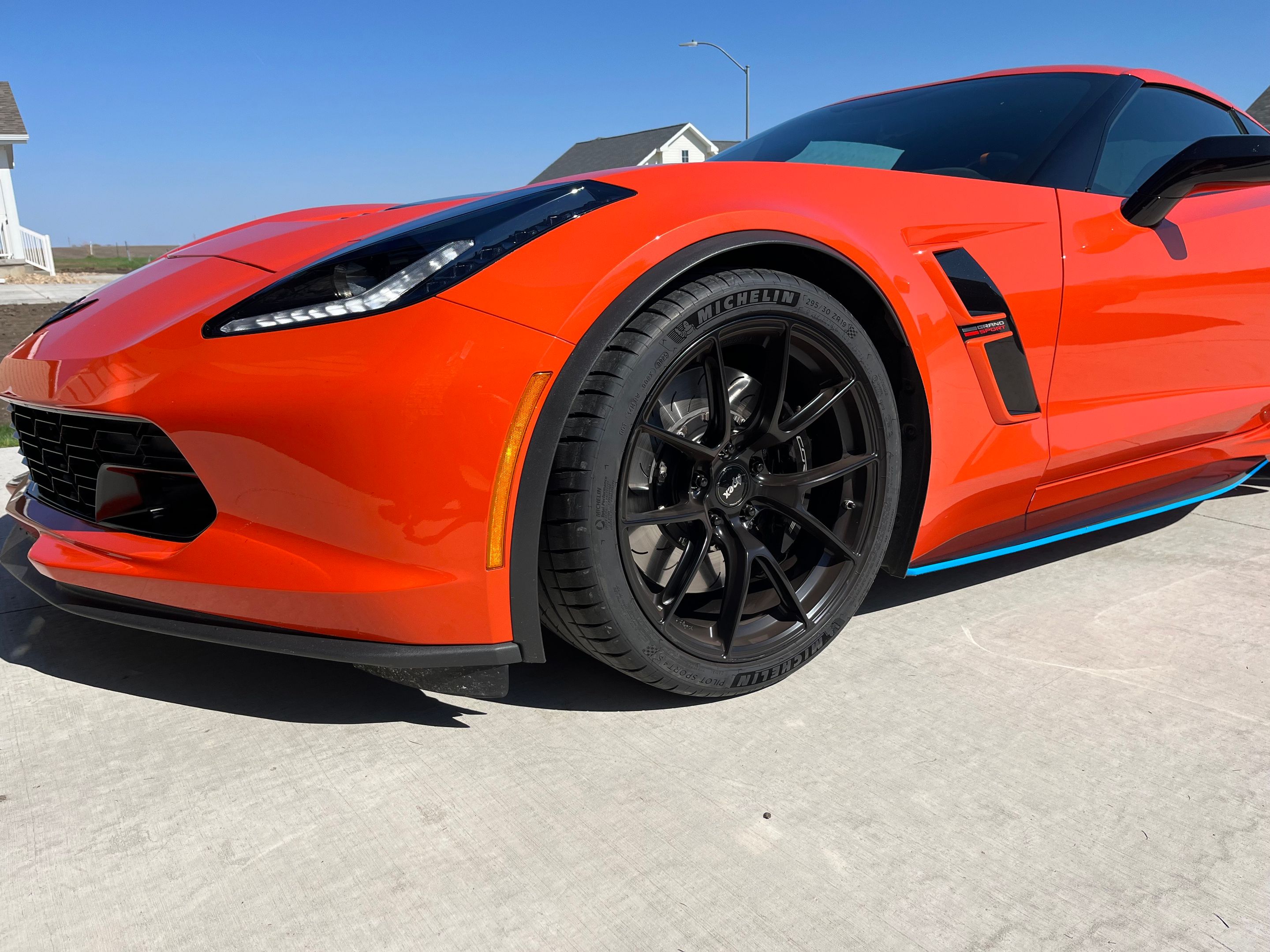 Orange Chevrolet C7 Corvette Grand Sport with 19" VS-5RS Apex wheels in Satin Black