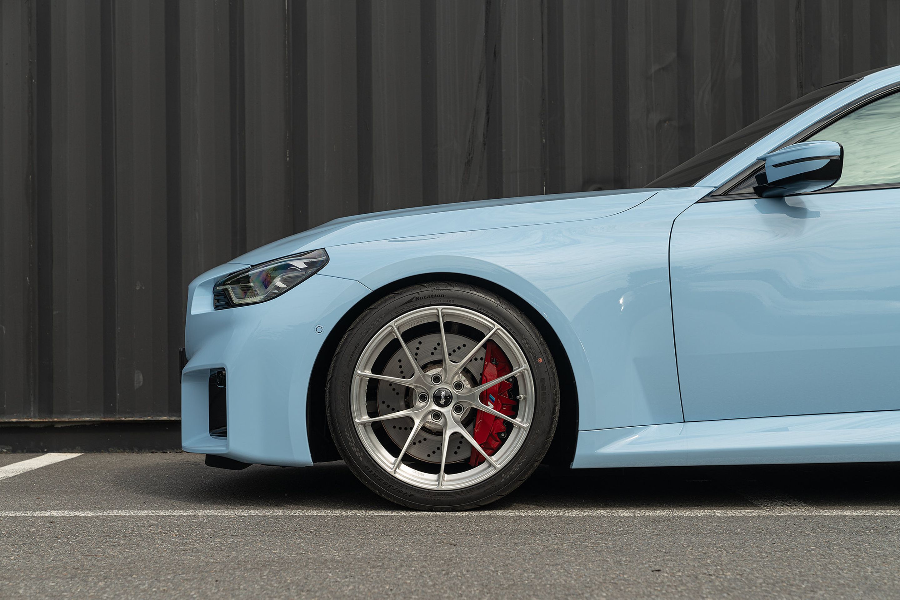 Blue BMW G87 M2 with 19" VS-5RS Apex wheels in Brushed Clear