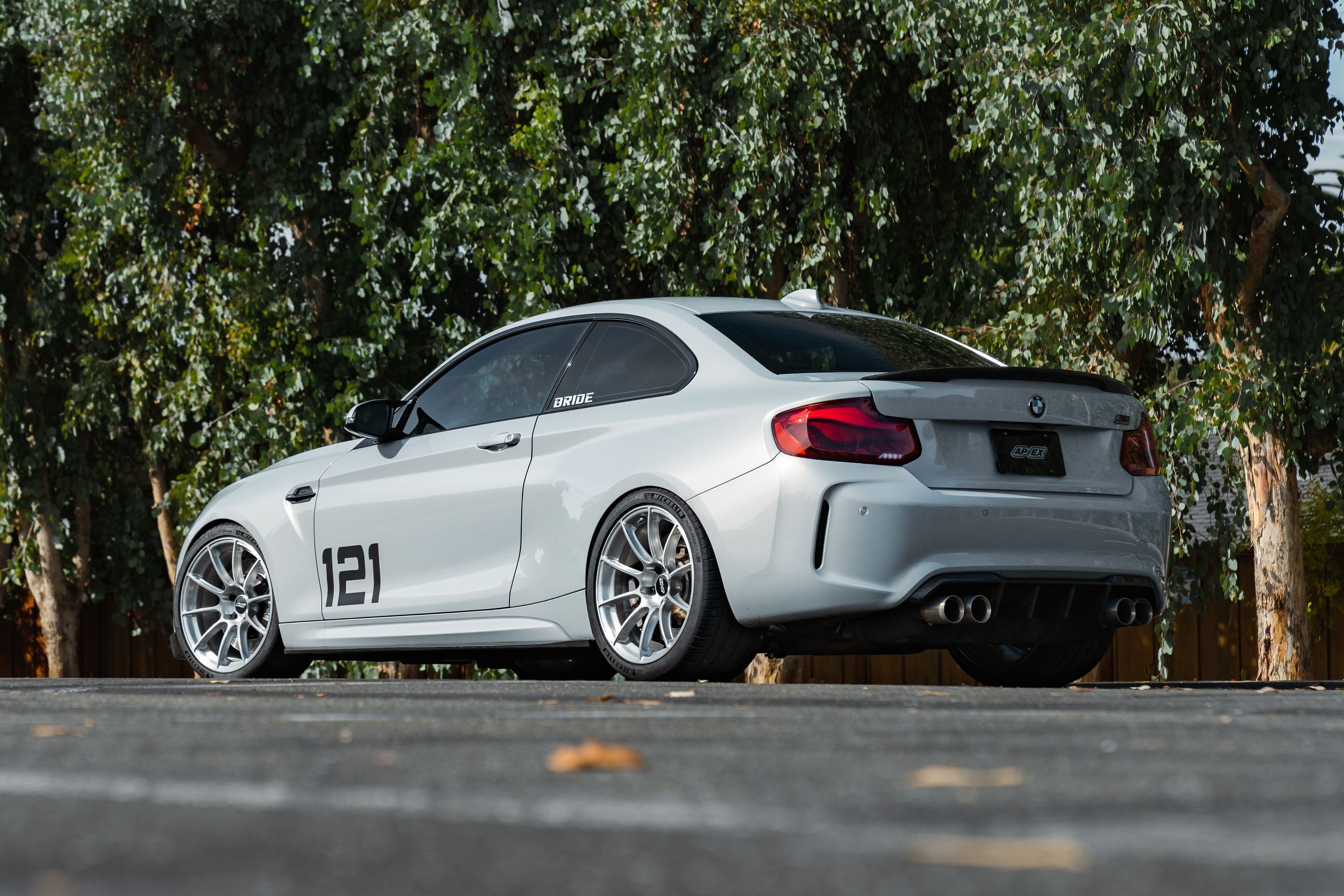 Silver BMW F87 M2 with 19" SM-10RS Apex wheels in Brushed Clear