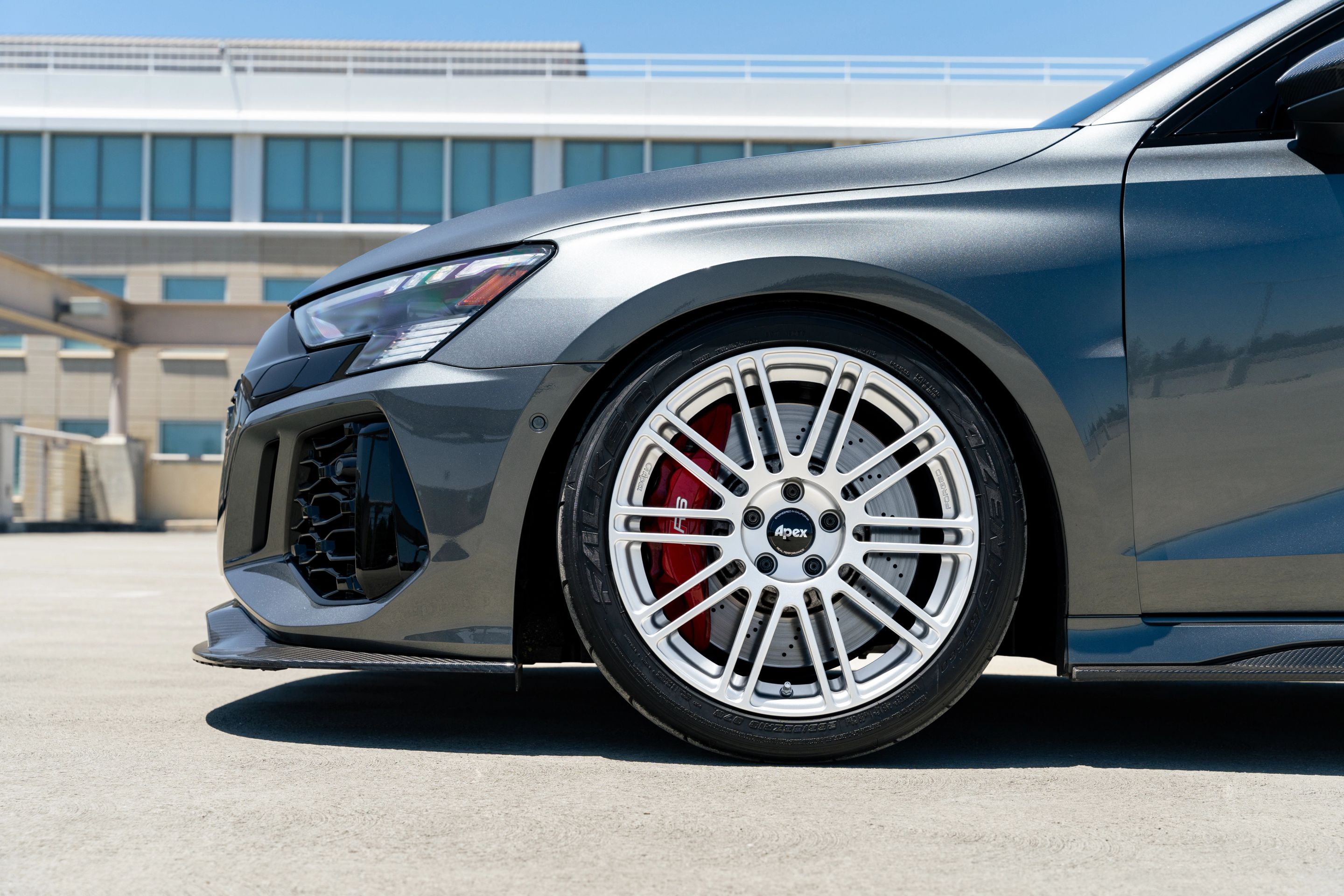 Grey Audi 8Y RS 3 with 18" TC-10RT Apex wheels in Race Silver