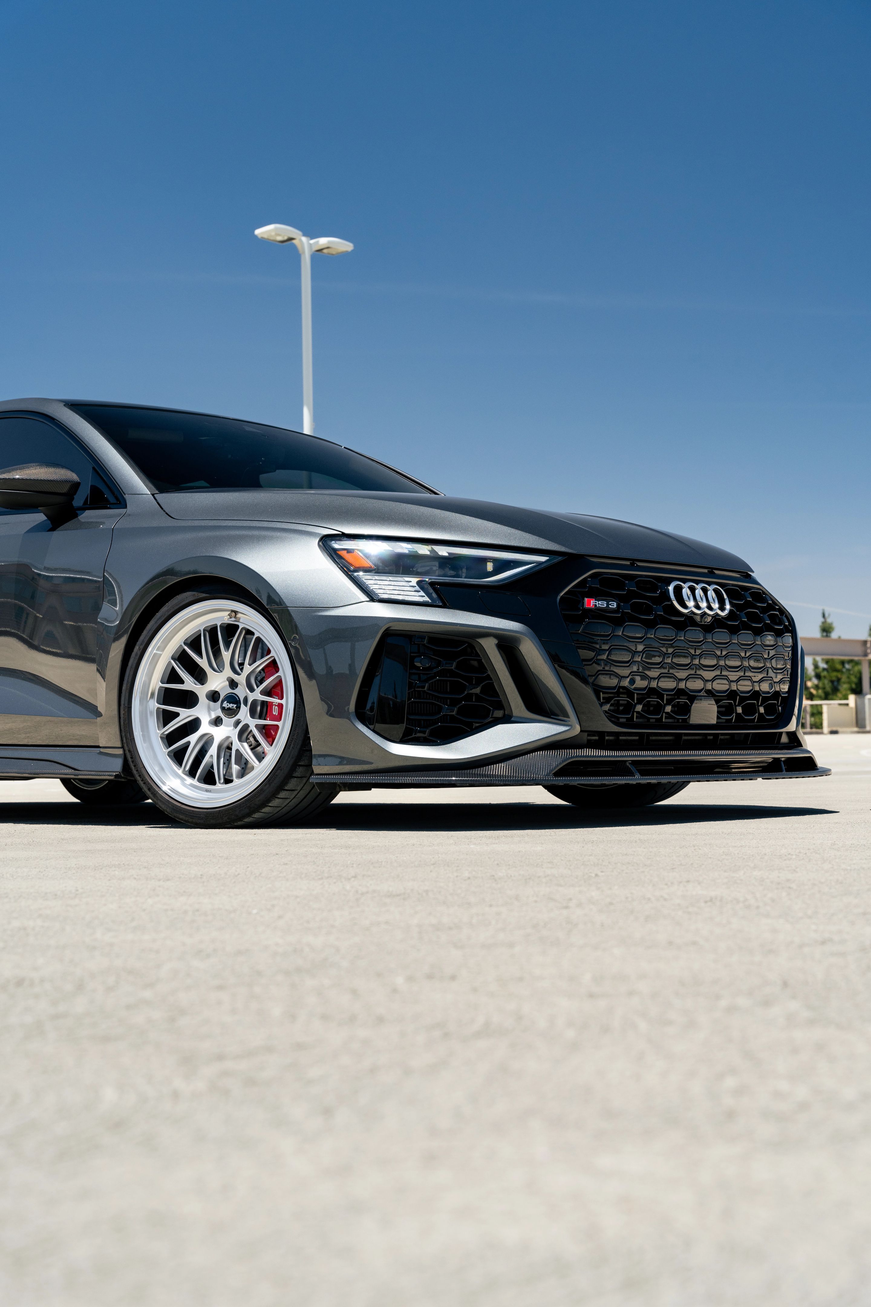 Grey Audi 8Y RS 3 with 19" ML-10RT Apex wheels in Machined Lip Race Silver
