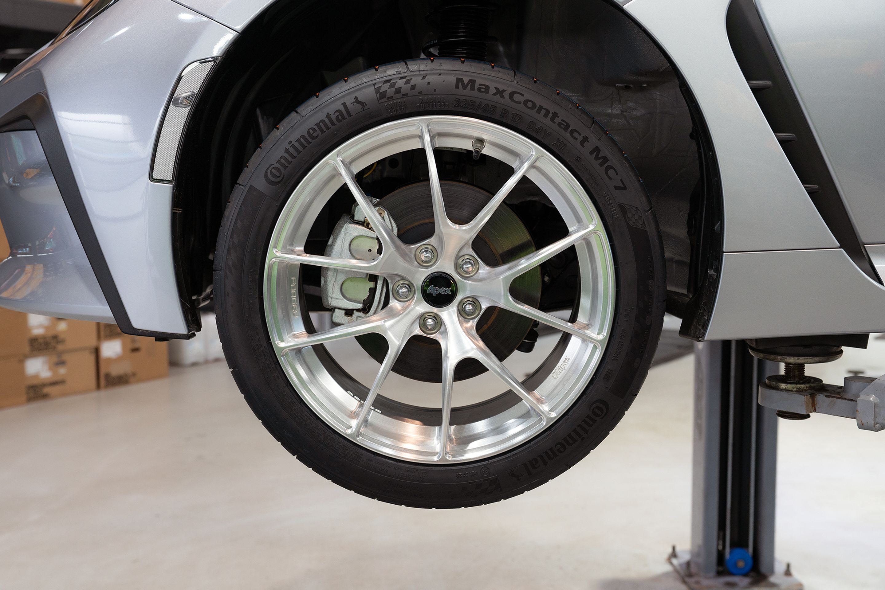 Silver Toyota GR86 with 17" VS-5RS Apex wheels in Brushed Clear