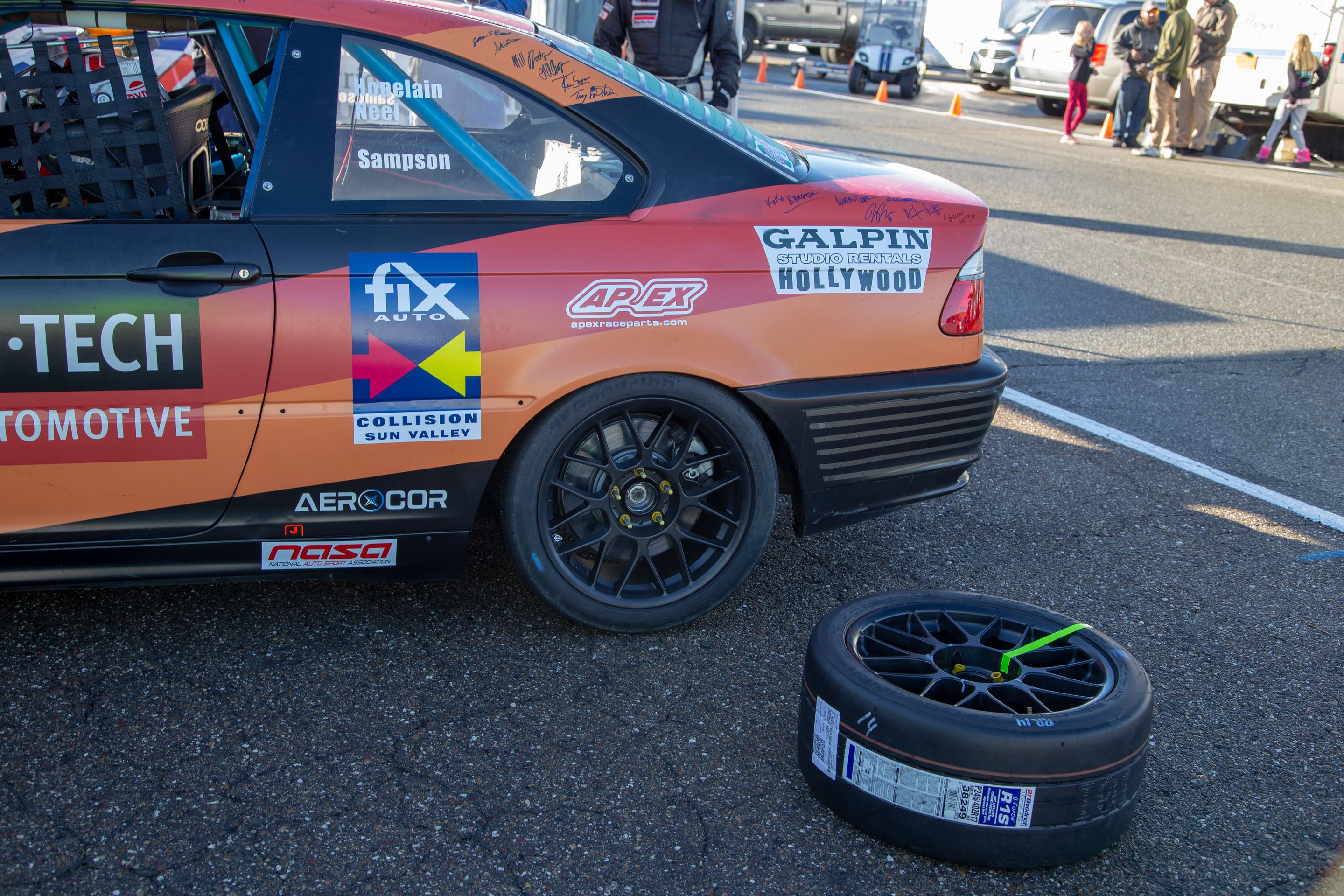Orange BMW Spec E46 with 17" ARC-8 Apex wheels in Satin Black
