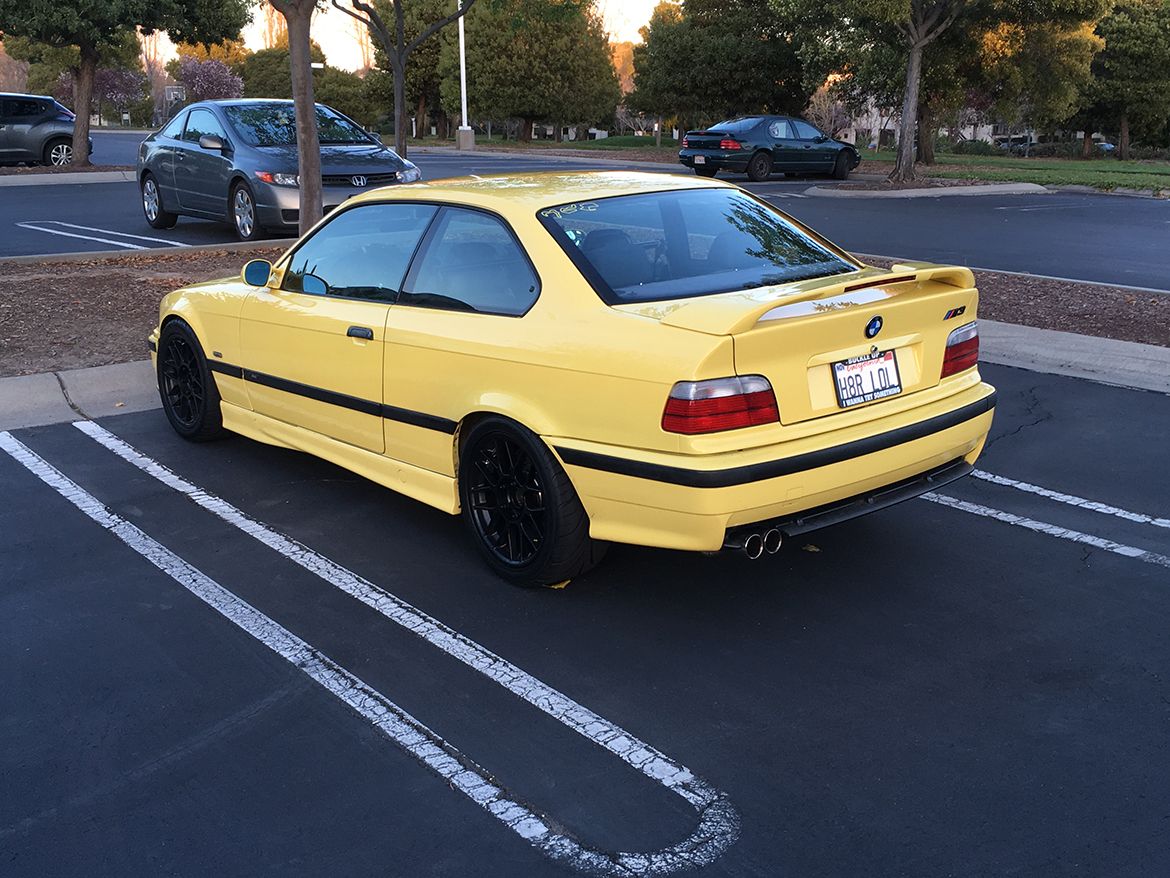 Yellow BMW E36 M3 with 17" ARC-8 Apex wheels in Satin Black