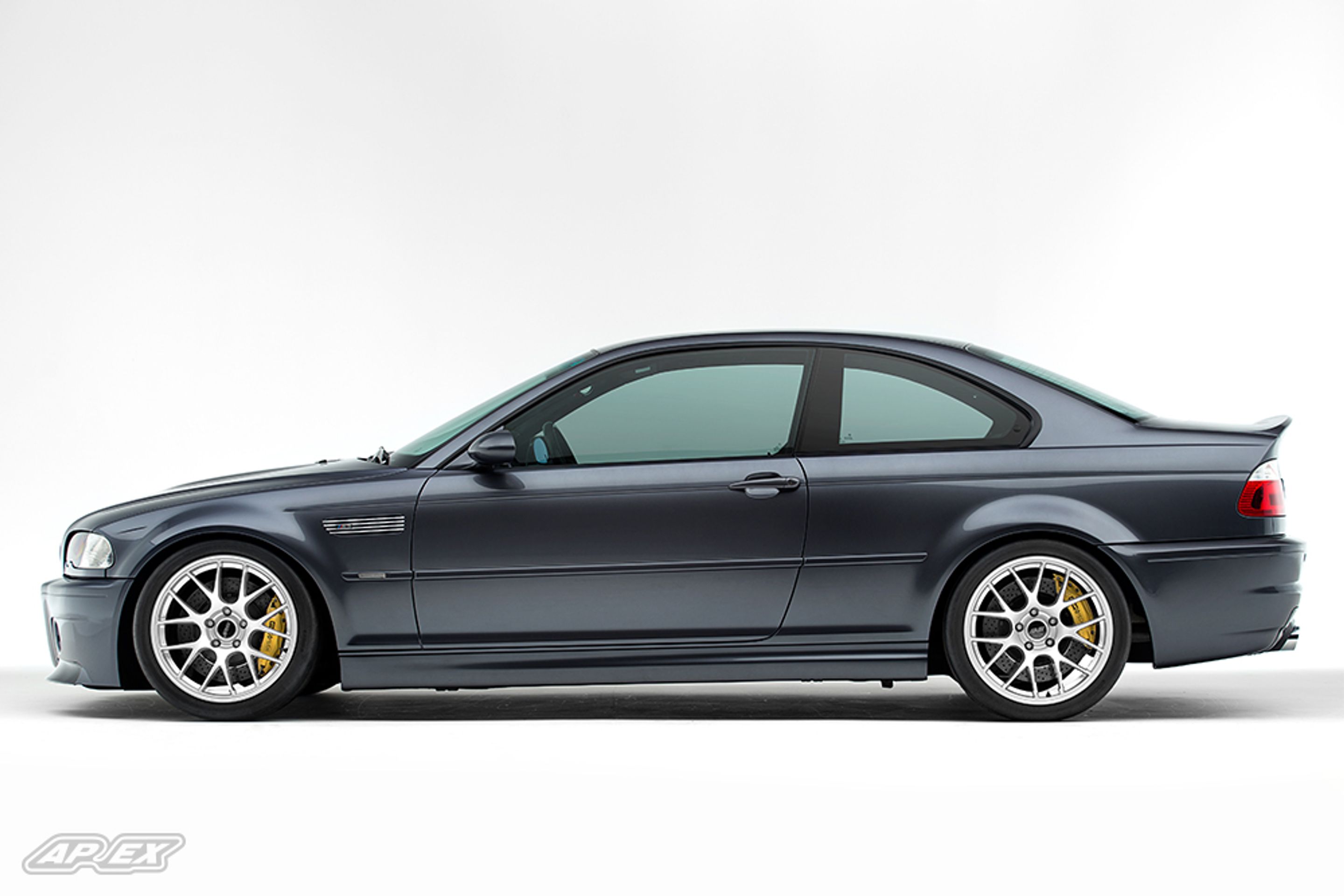 Grey BMW E46 M3 with 18" EC-7 Apex wheels in Race Silver