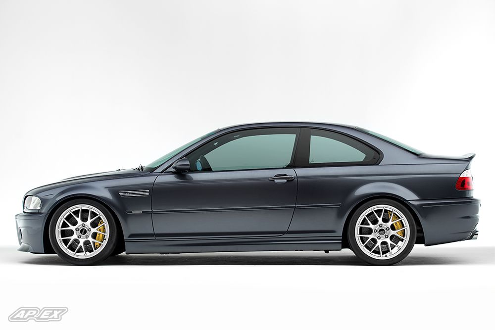 Grey BMW E46 M3 with 18" EC-7 Apex wheels in Race Silver