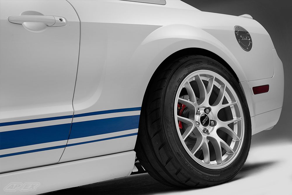 White Ford S197 Mustang GT with 18" EC-7 Apex wheels in Race Silver