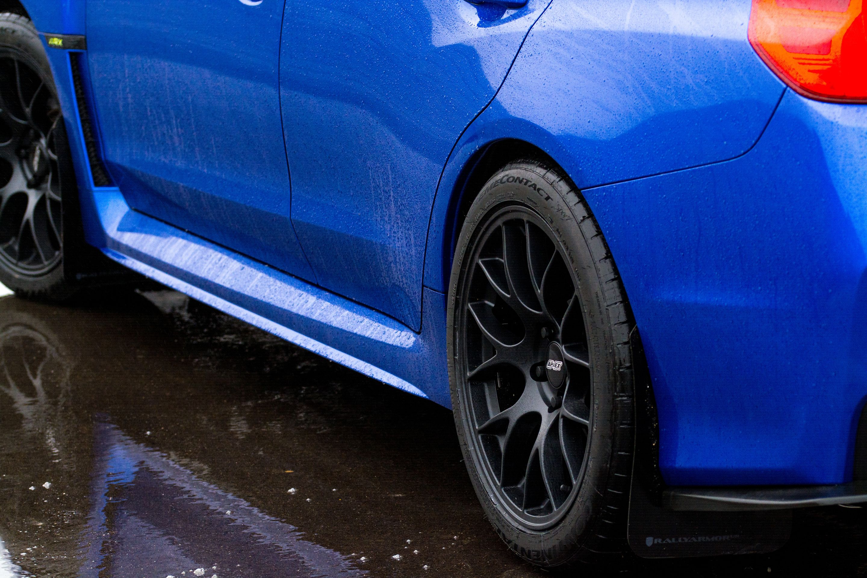 Blue Subaru VA WRX with 18" EC-7 Apex wheels in Satin Black