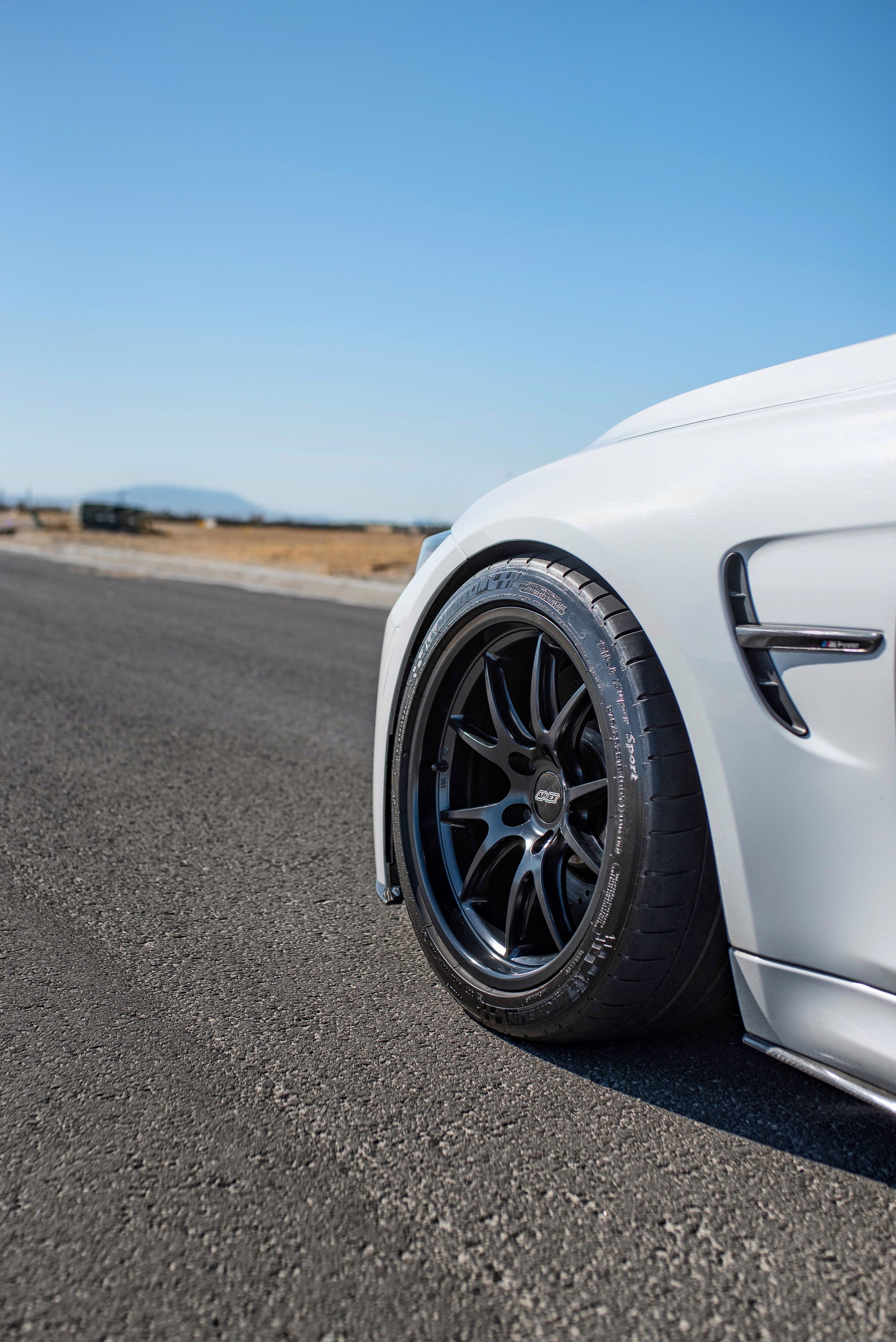 White BMW F80 M3 with 18" FL-5 Apex wheels in Satin Black