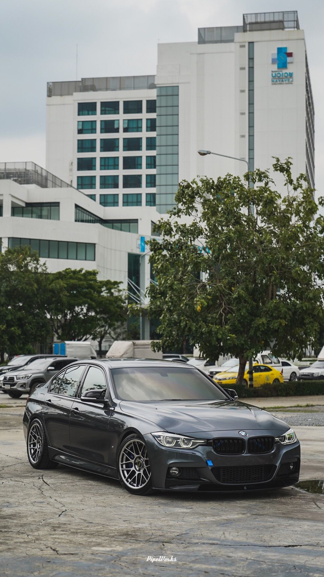 Grey BMW F30 Sedan 3 Series with 18" ARC-8 Apex wheels in Hyper Black
