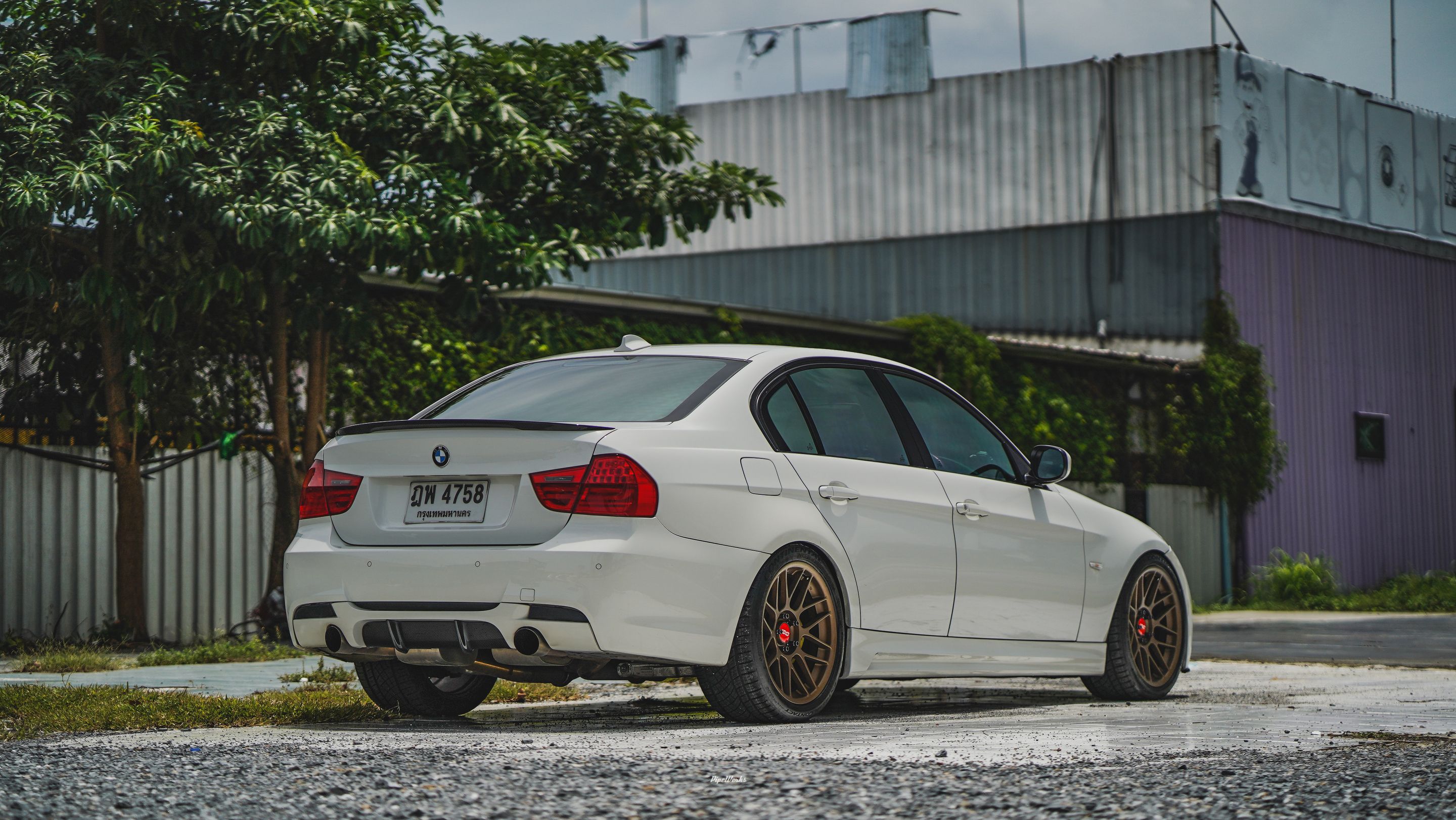 White BMW E90 LCI Sedan 3 Series with 18" ARC-8 Apex wheels in Satin Bronze