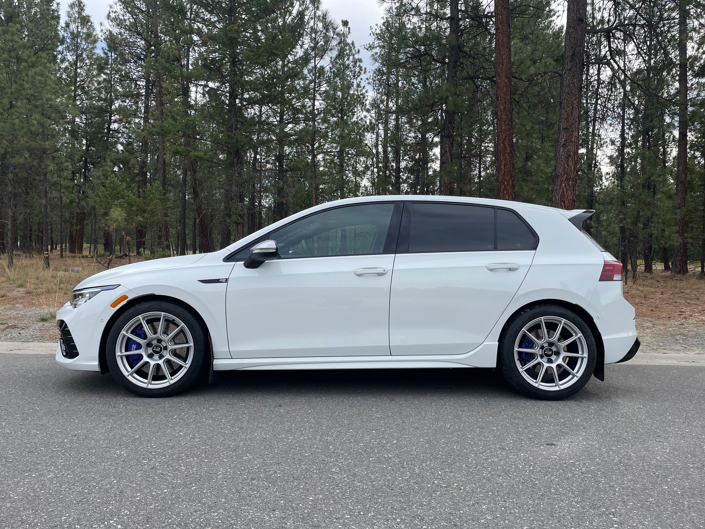White VW MK8 Golf R with 18" SM-10 Apex wheels in Race Silver