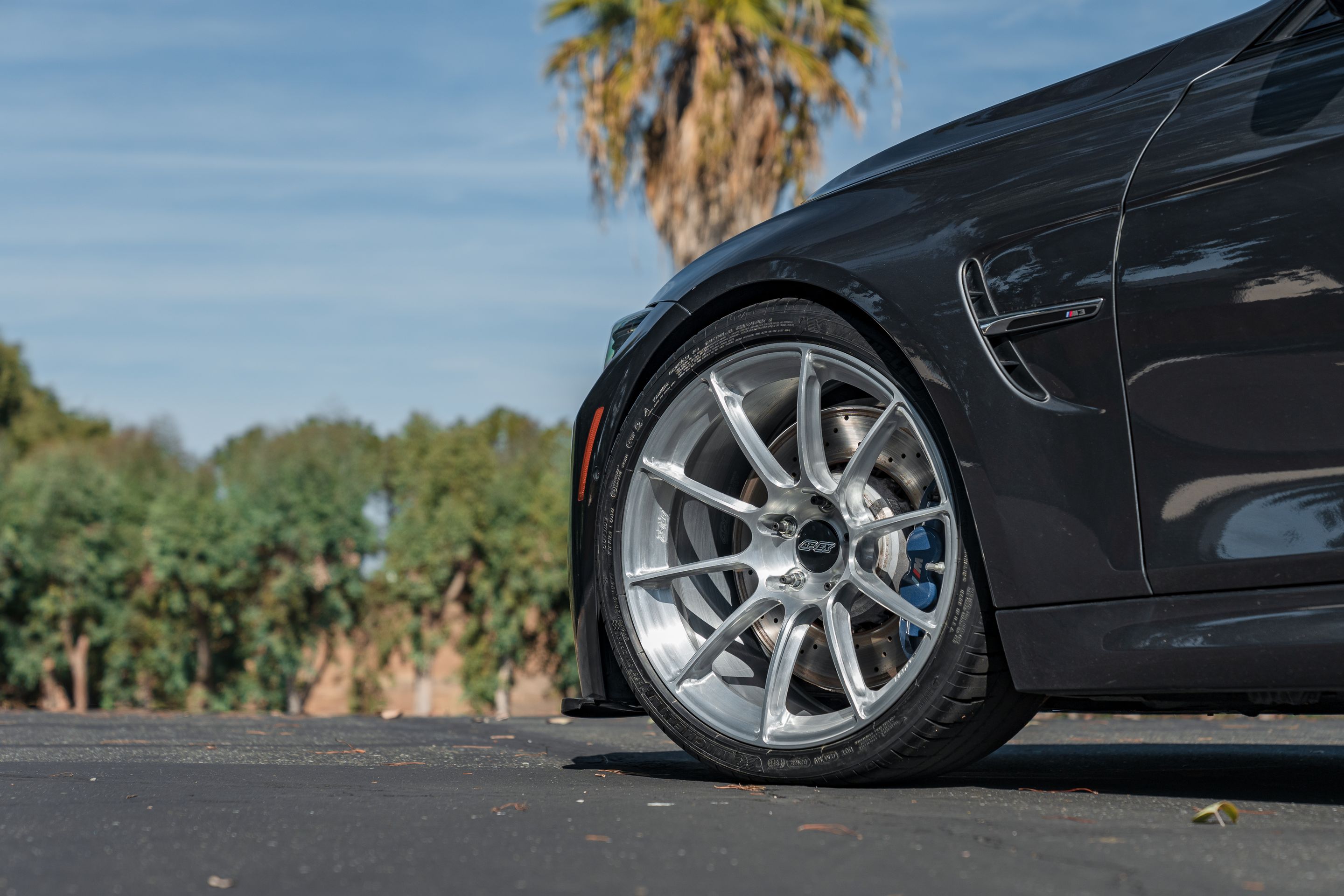 Grey BMW F80 M3 with 19" SM-10RS Apex wheels in Brushed Clear
