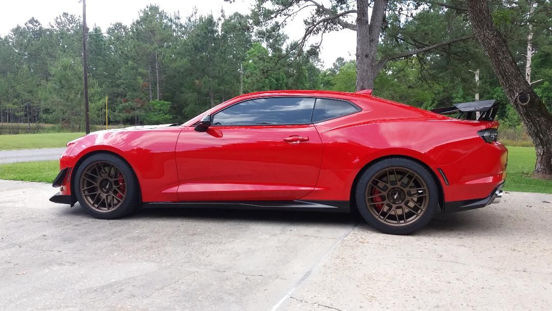 Red Chevrolet 6th Gen Camaro ZL1 1LE with 19" ARC-8 Apex wheels in Satin Bronze