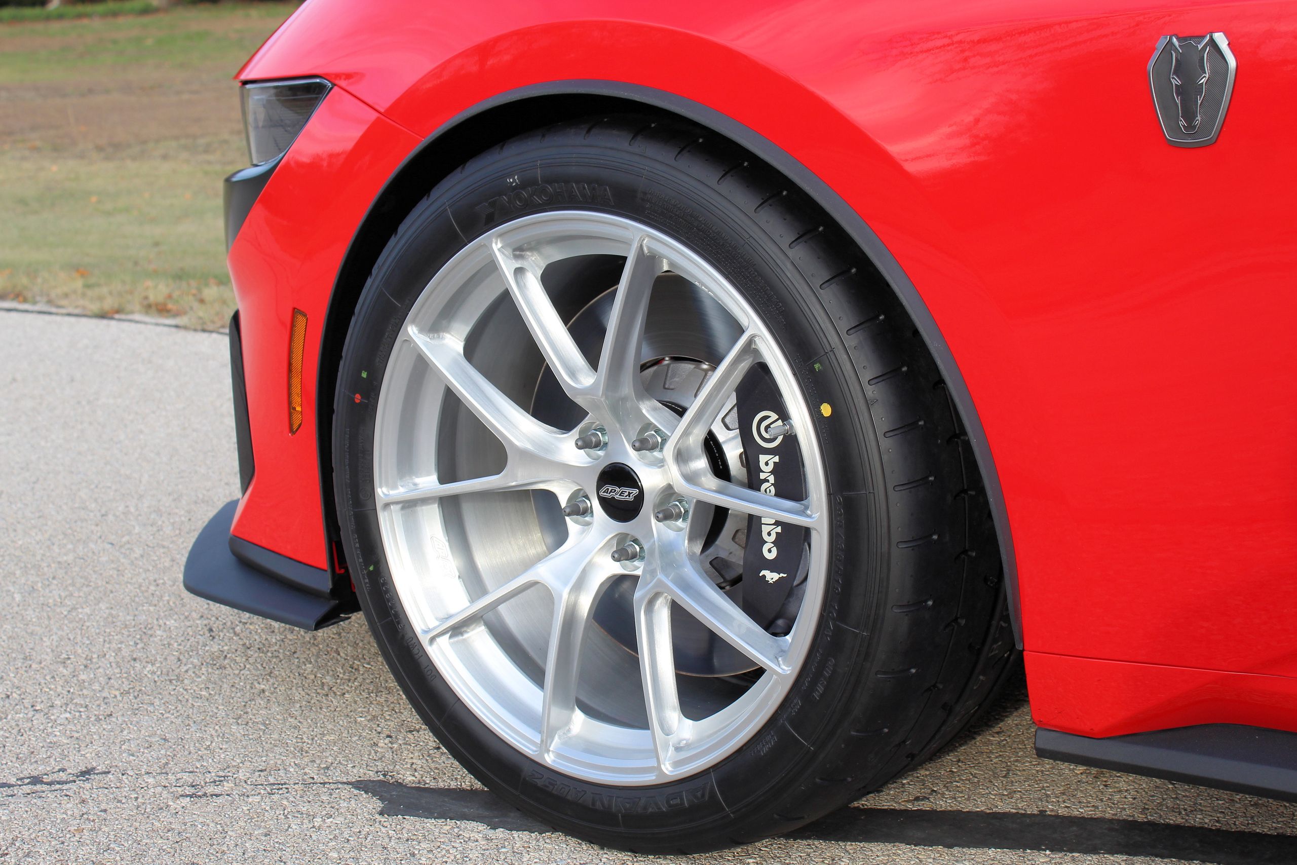 Red Ford S650 Mustang Dark Horse with 19" VS-5RS Apex wheels in Brushed Clear