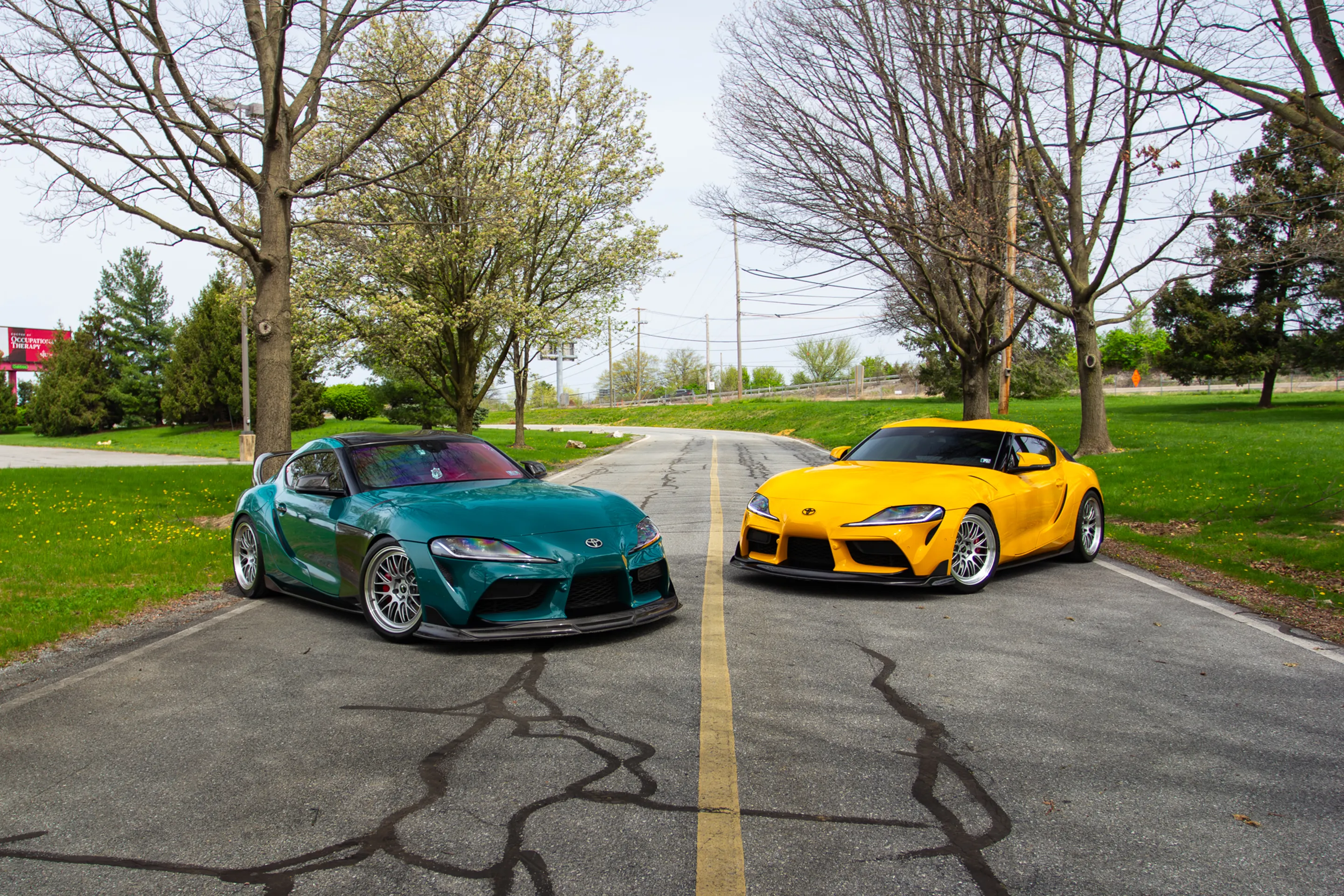 Yellow Toyota GR Supra with 19" ML-10RT Apex wheels in Machined Lip Race Silver