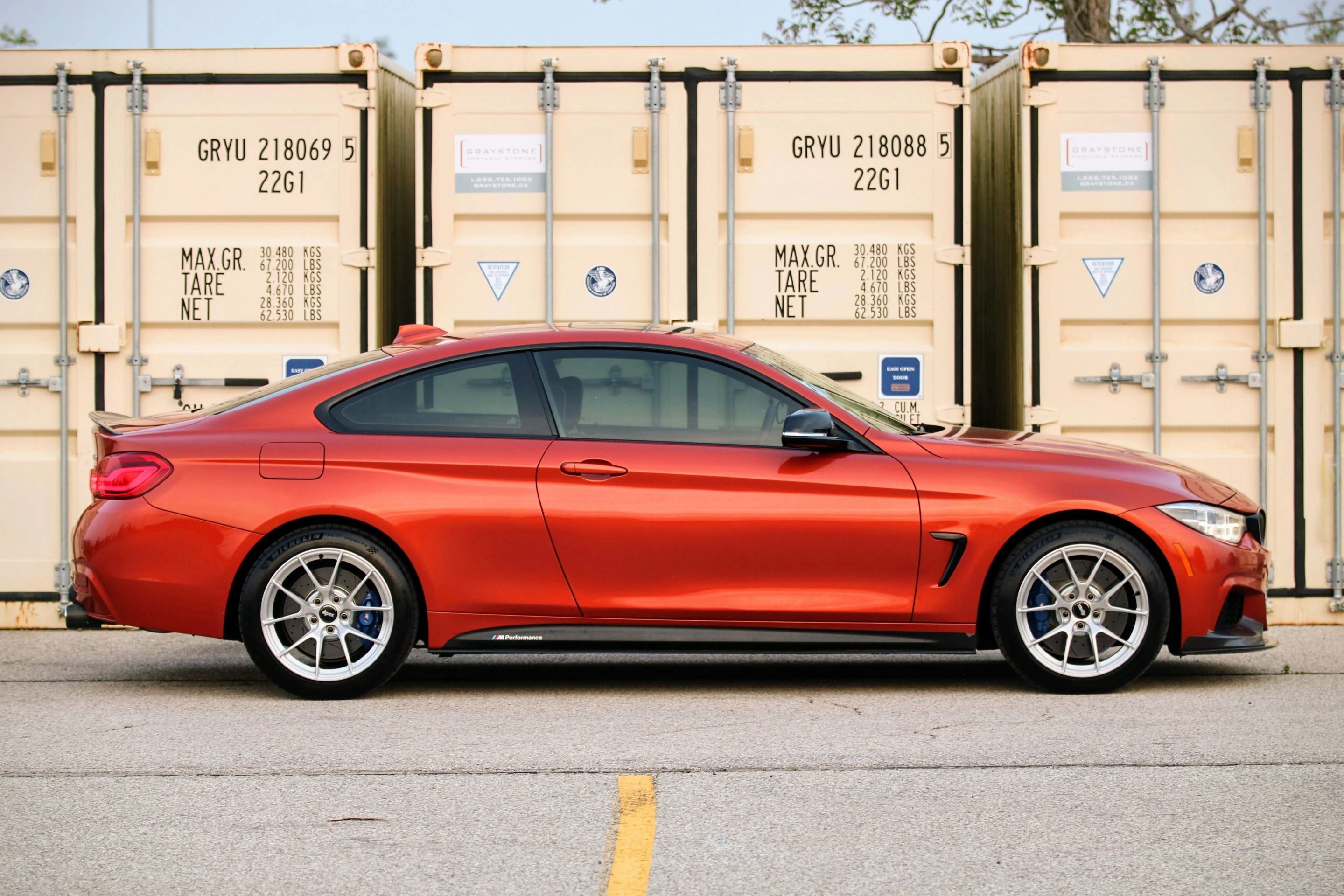Orange BMW F32 Coupe 4 Series with 18" VS-5RS Apex wheels in Brushed Clear
