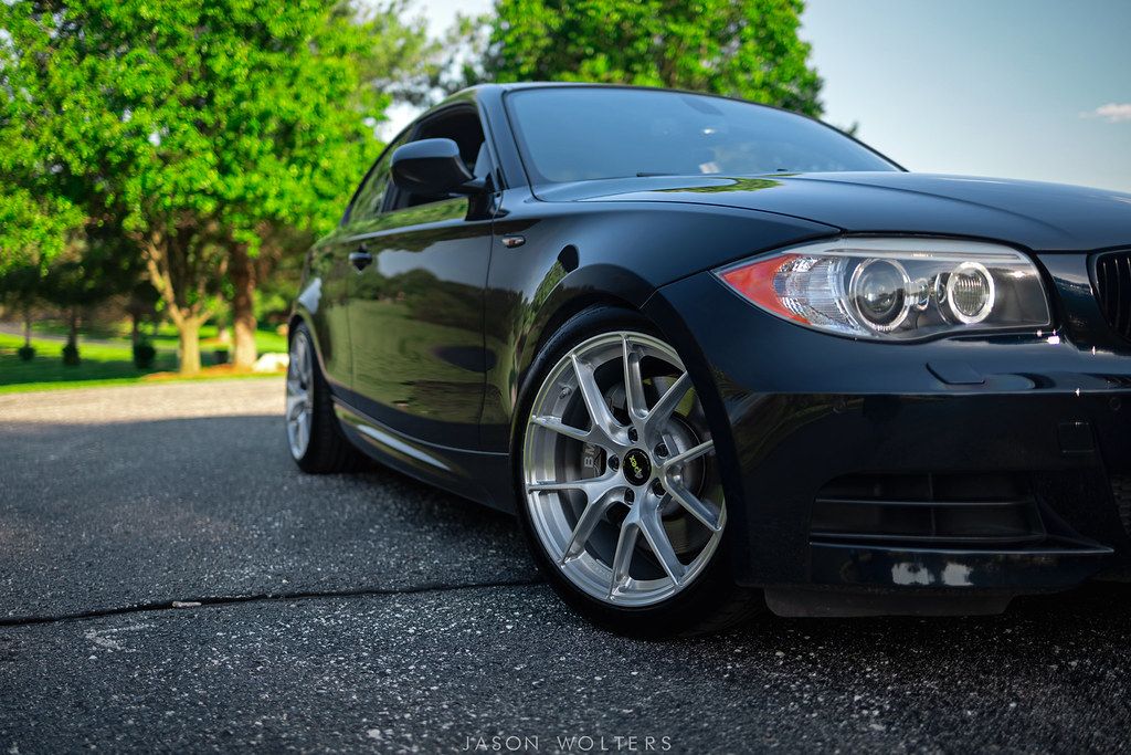 Black BMW E82 Coupe 1 Series with 18" VS-5RS Apex wheels in Brushed Clear