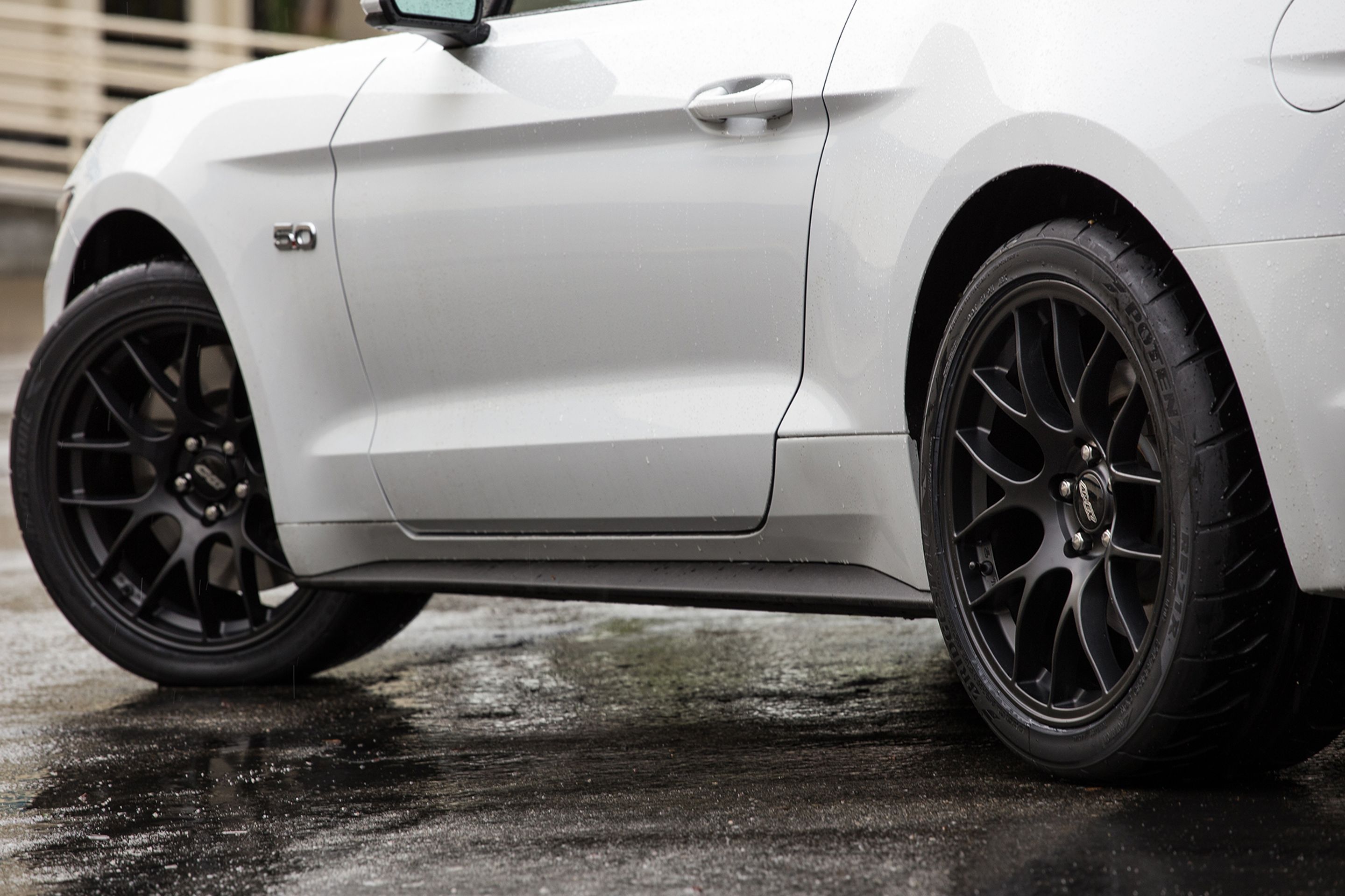 White Ford S550 Mustang GT with 19" EC-7 Apex wheels in Satin Black
