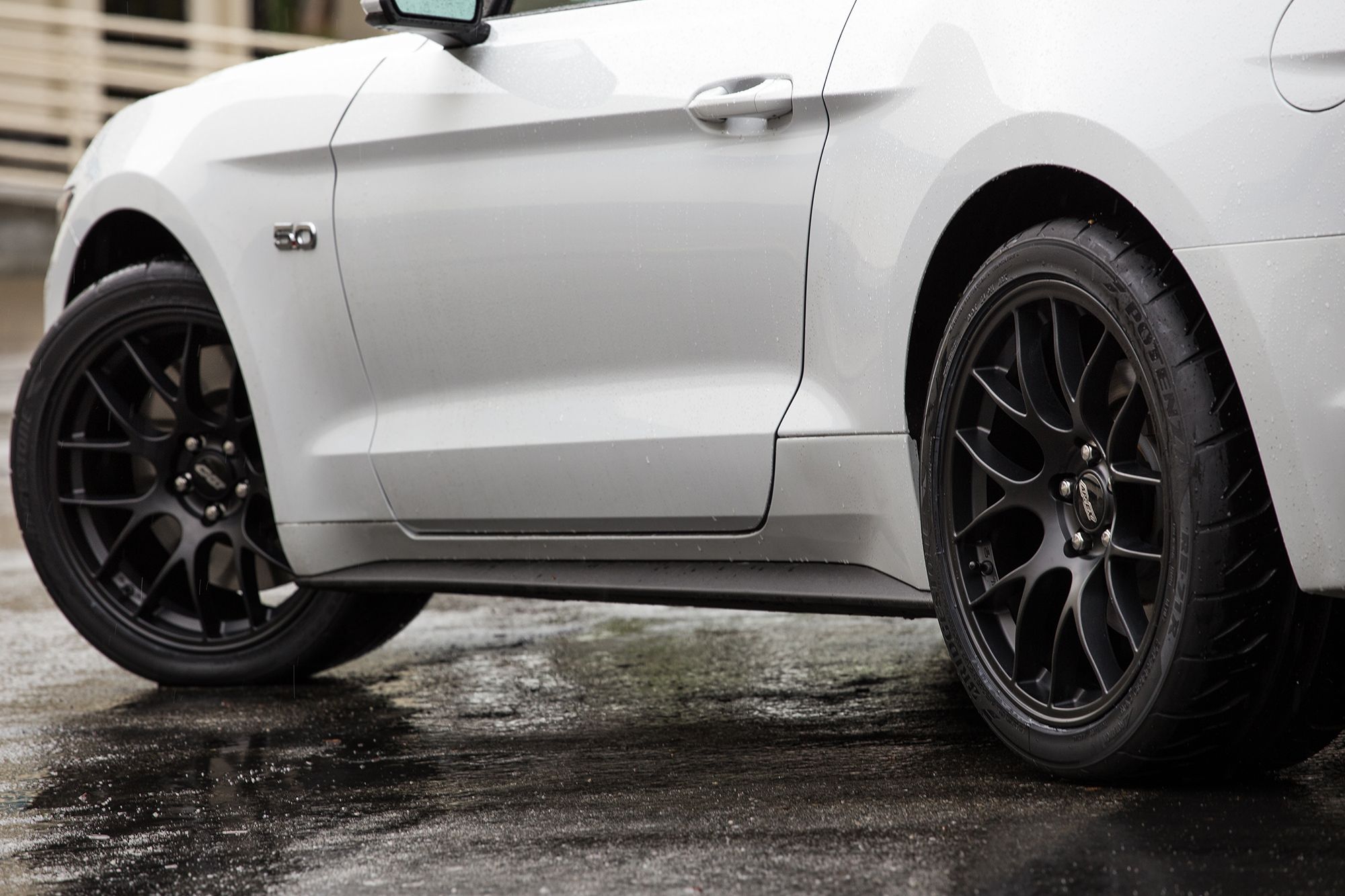 White Ford S550 Mustang GT with 19" EC-7 Apex wheels in Satin Black