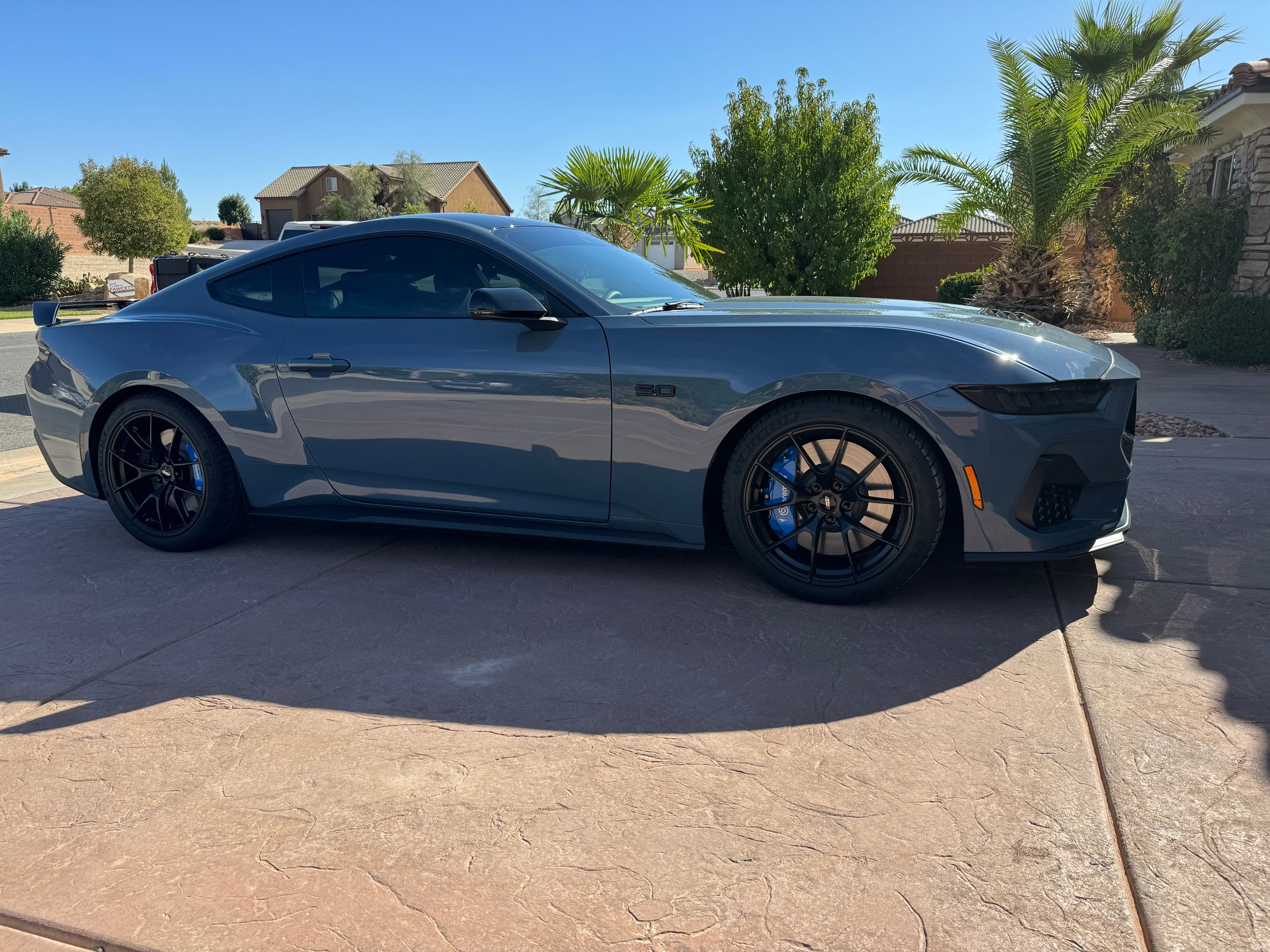 Blue Ford S650 Mustang GT with 19" VS-5RS Apex wheels in Satin Black