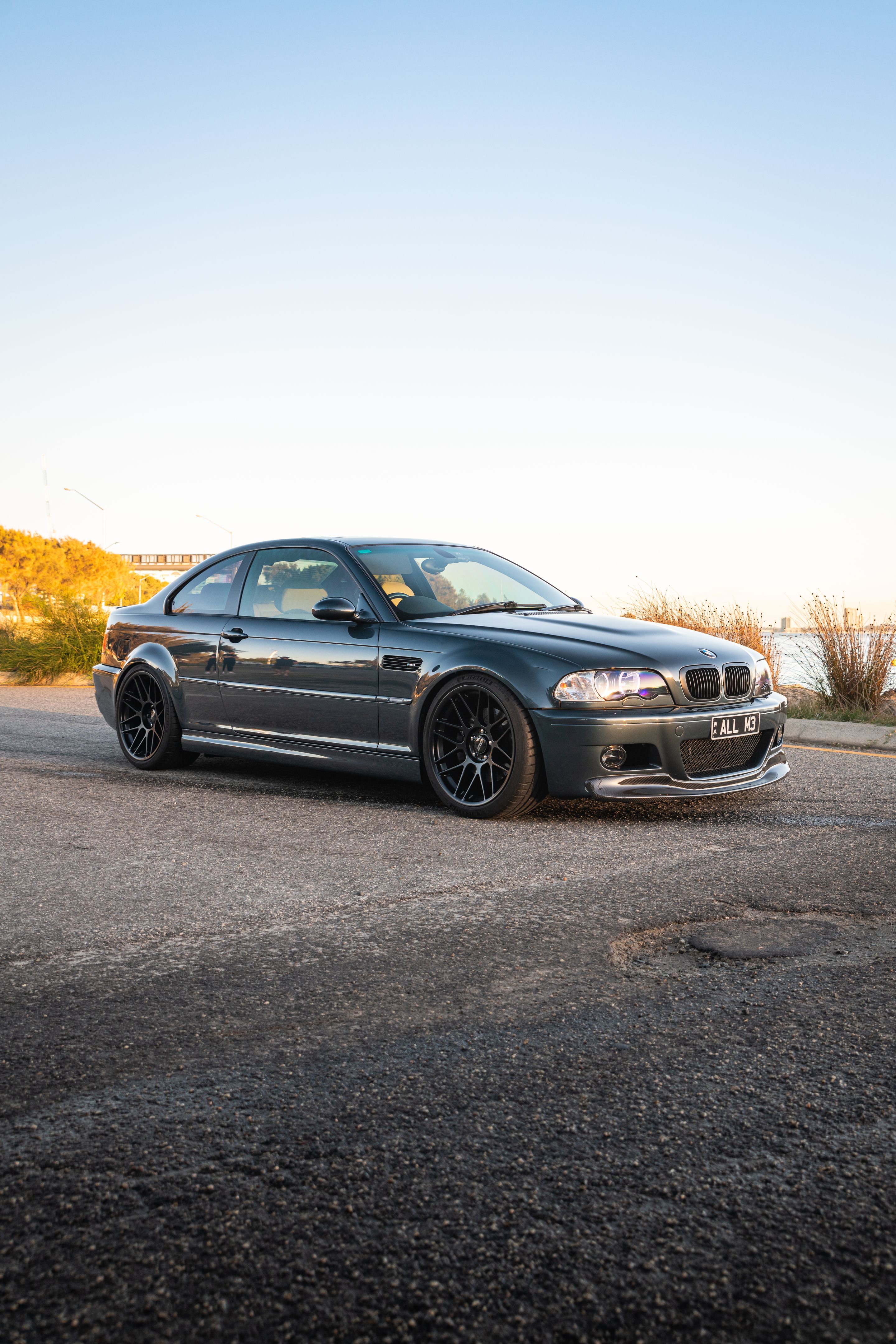 Blue BMW E46 M3 with 19" ARC-8 Apex wheels in Satin Black
