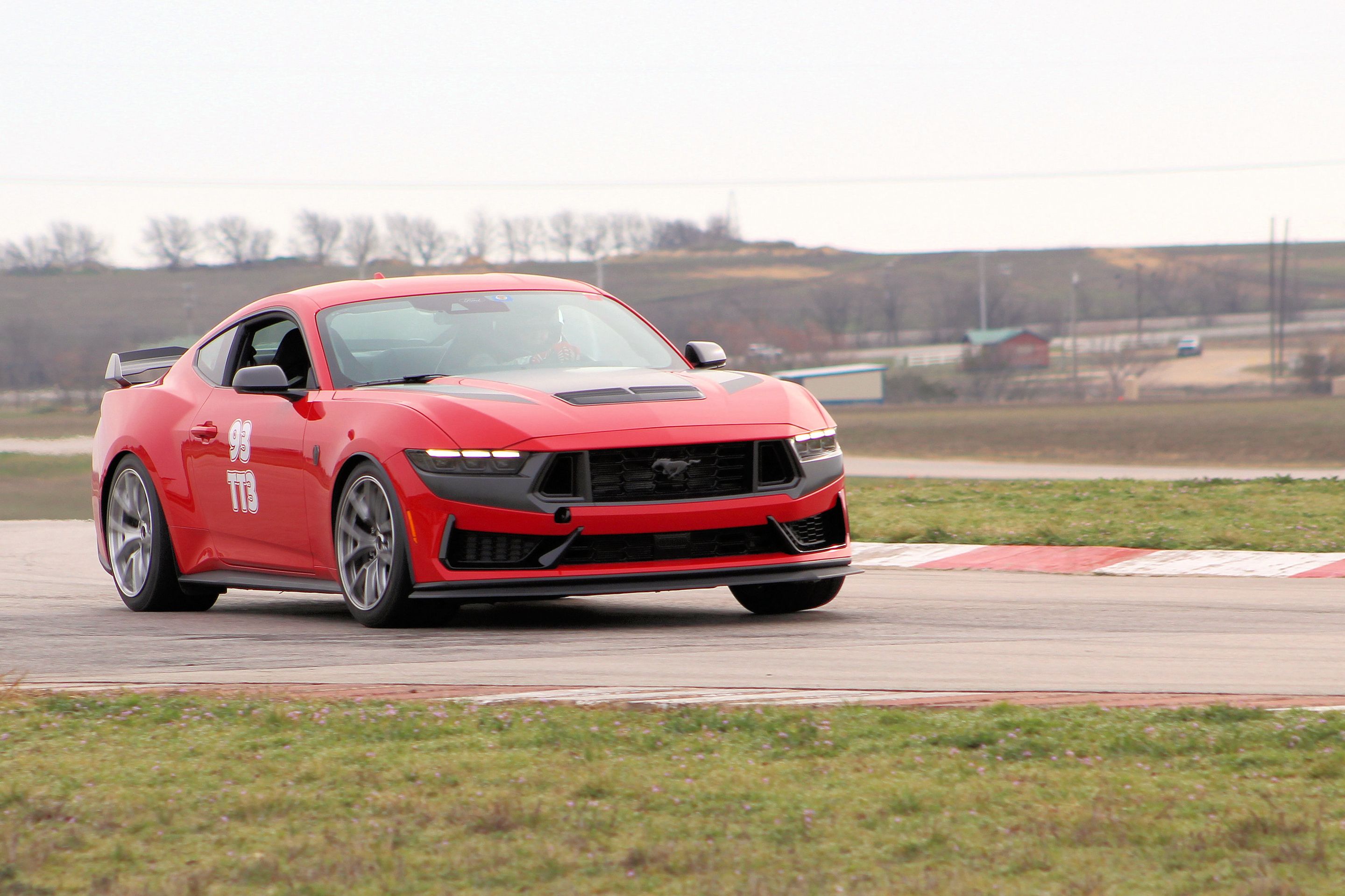 Red Ford S650 Mustang Dark Horse with 19" VS-5RS Apex wheels in Brushed Clear