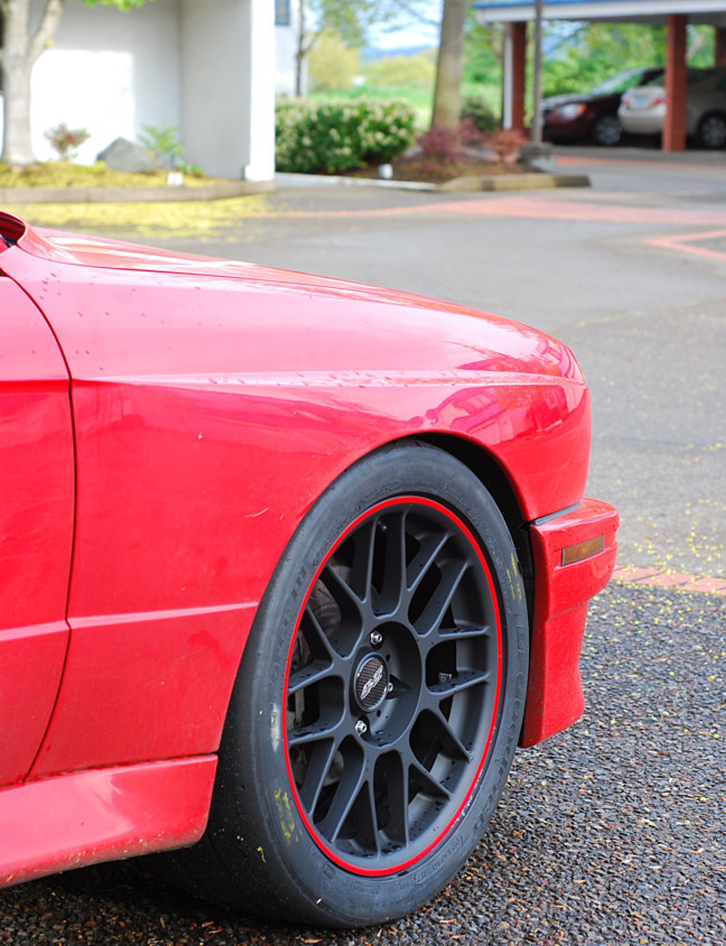 Red BMW E30 M3 with 17" ARC-8 Apex wheels in Satin Black