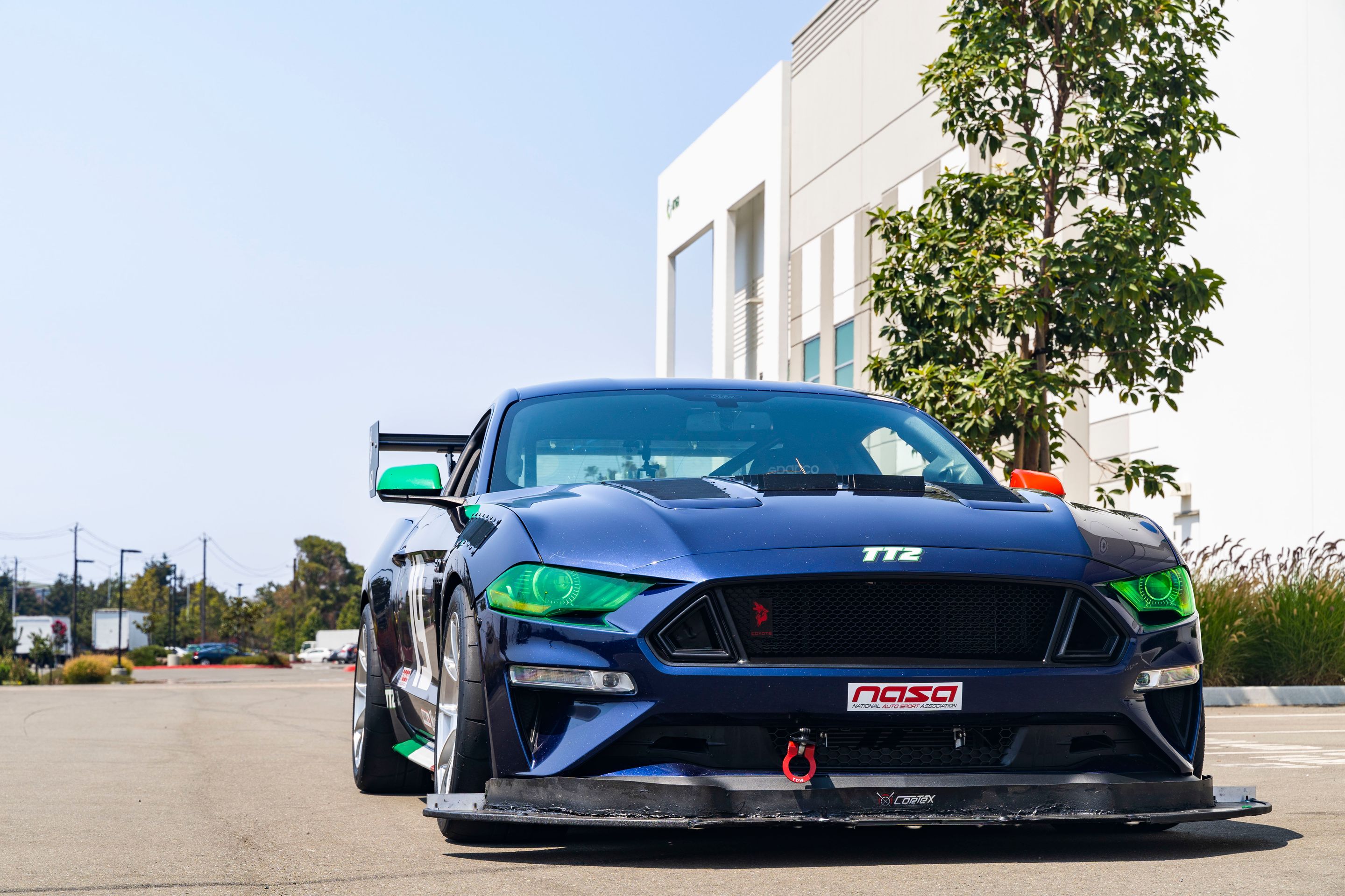 Blue Ford S550 Mustang GT with 18" VS-5RS Apex wheels in Brushed Clear