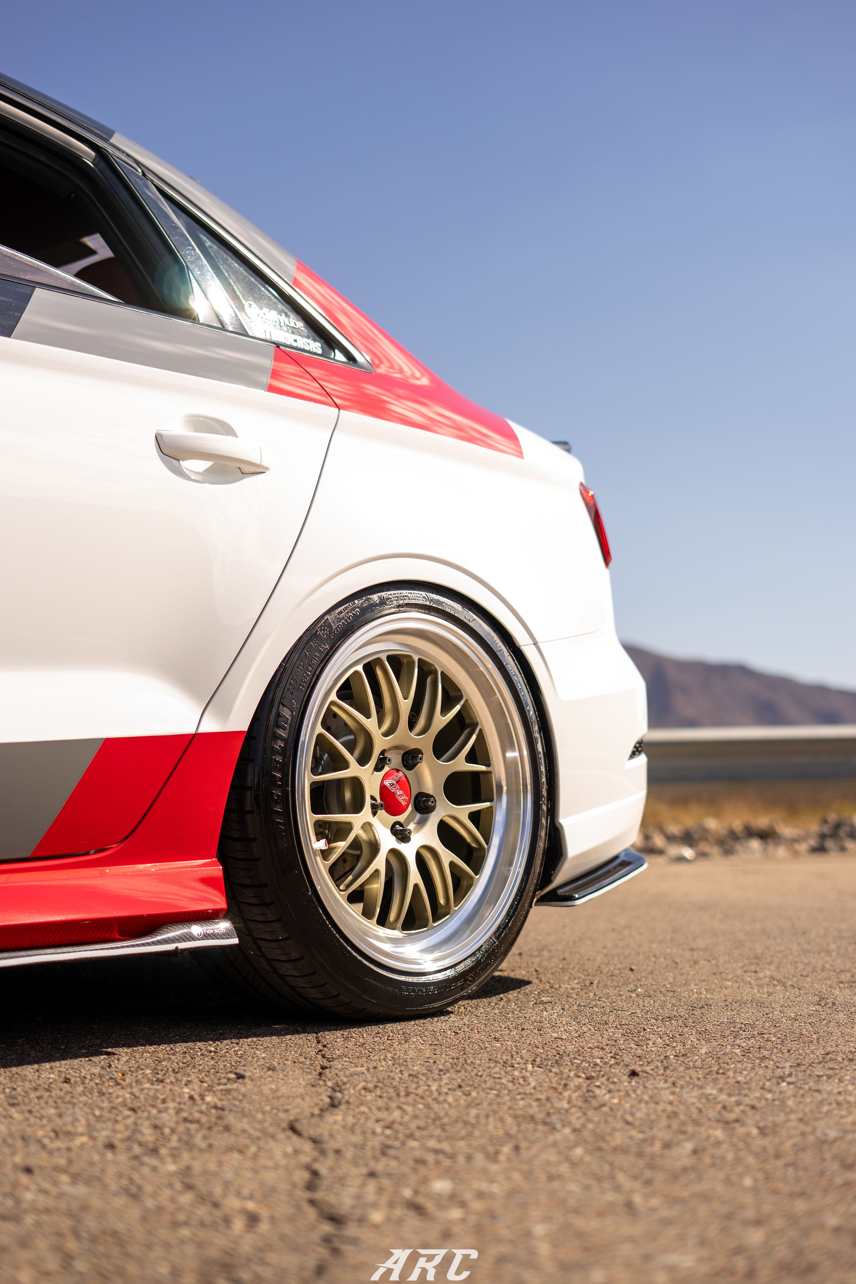 Race Livery Audi 8V A3 with 18" ML-10RT Apex wheels in Machined Lip Gloss Motorsport Gold