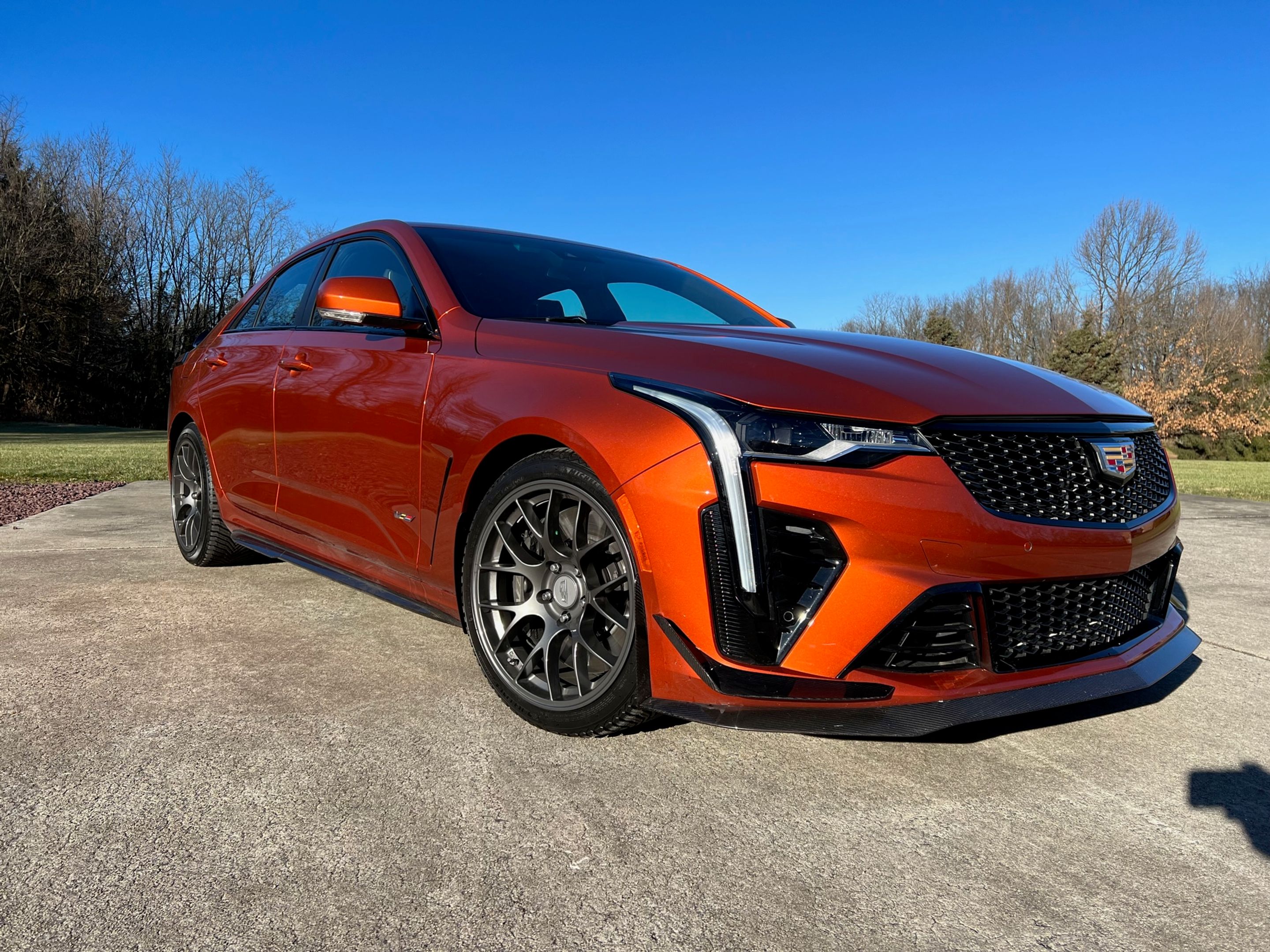 Orange Cadillac CT4-V Blackwing with 18" EC-7 Apex wheels in Anthracite