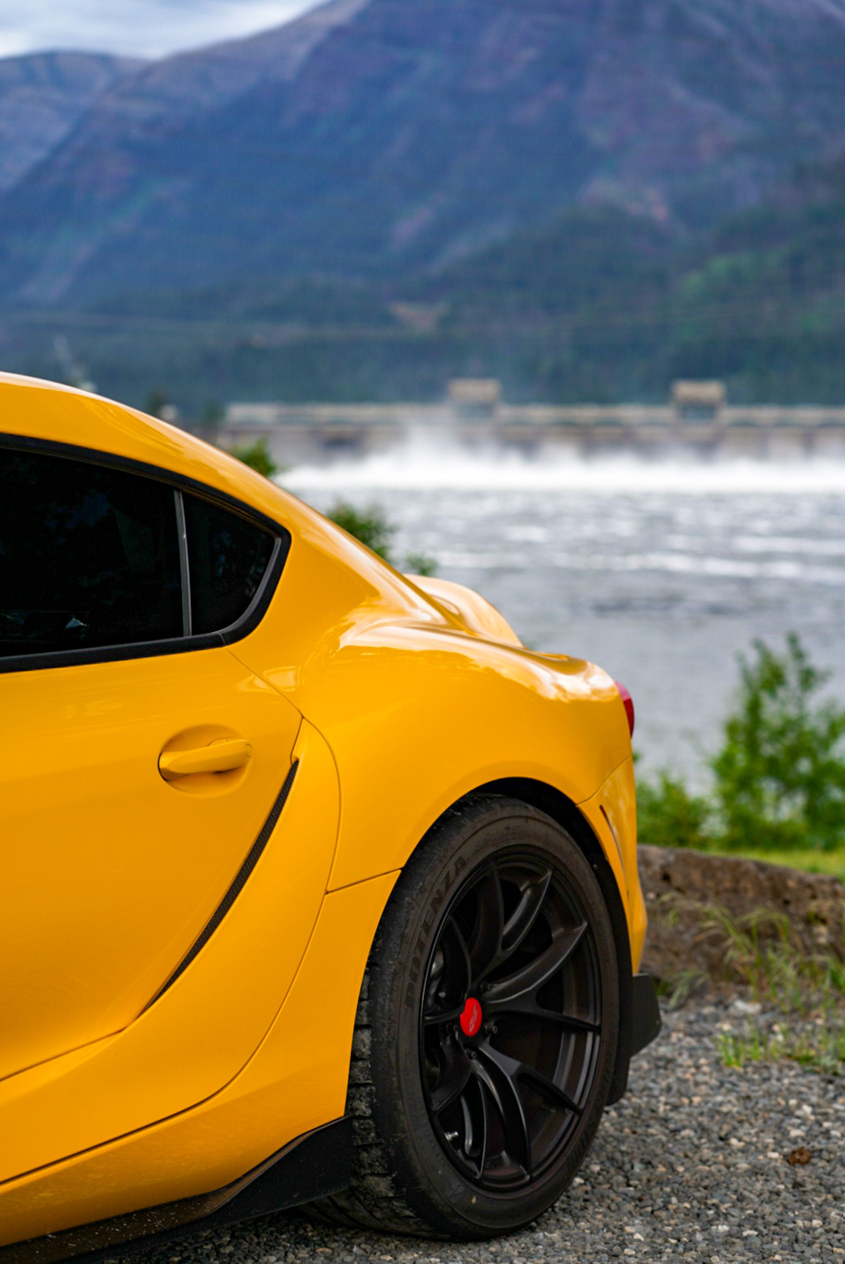 Yellow Toyota GR Supra with 18" VS-5RS Apex wheels in Satin Black