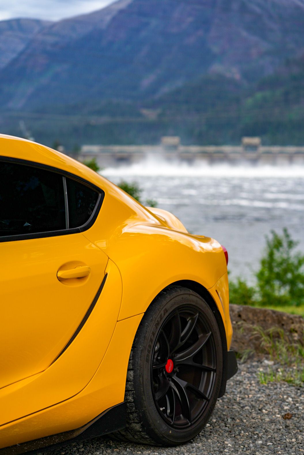 Yellow Toyota GR Supra with 18" VS-5RS Apex wheels in Satin Black