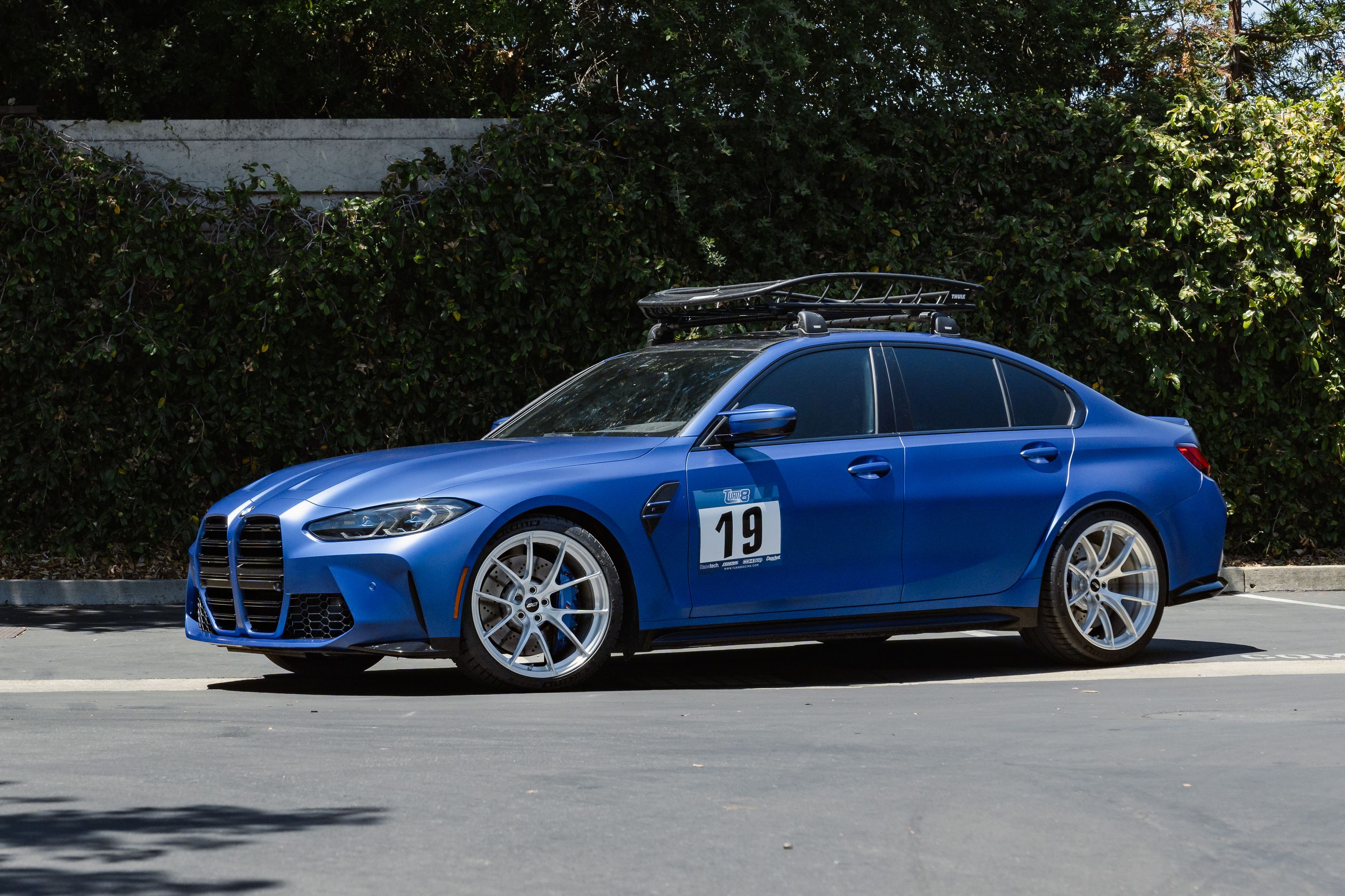 Blue BMW G80 M3 with 20" VS-5RS Apex wheels in Brushed Clear