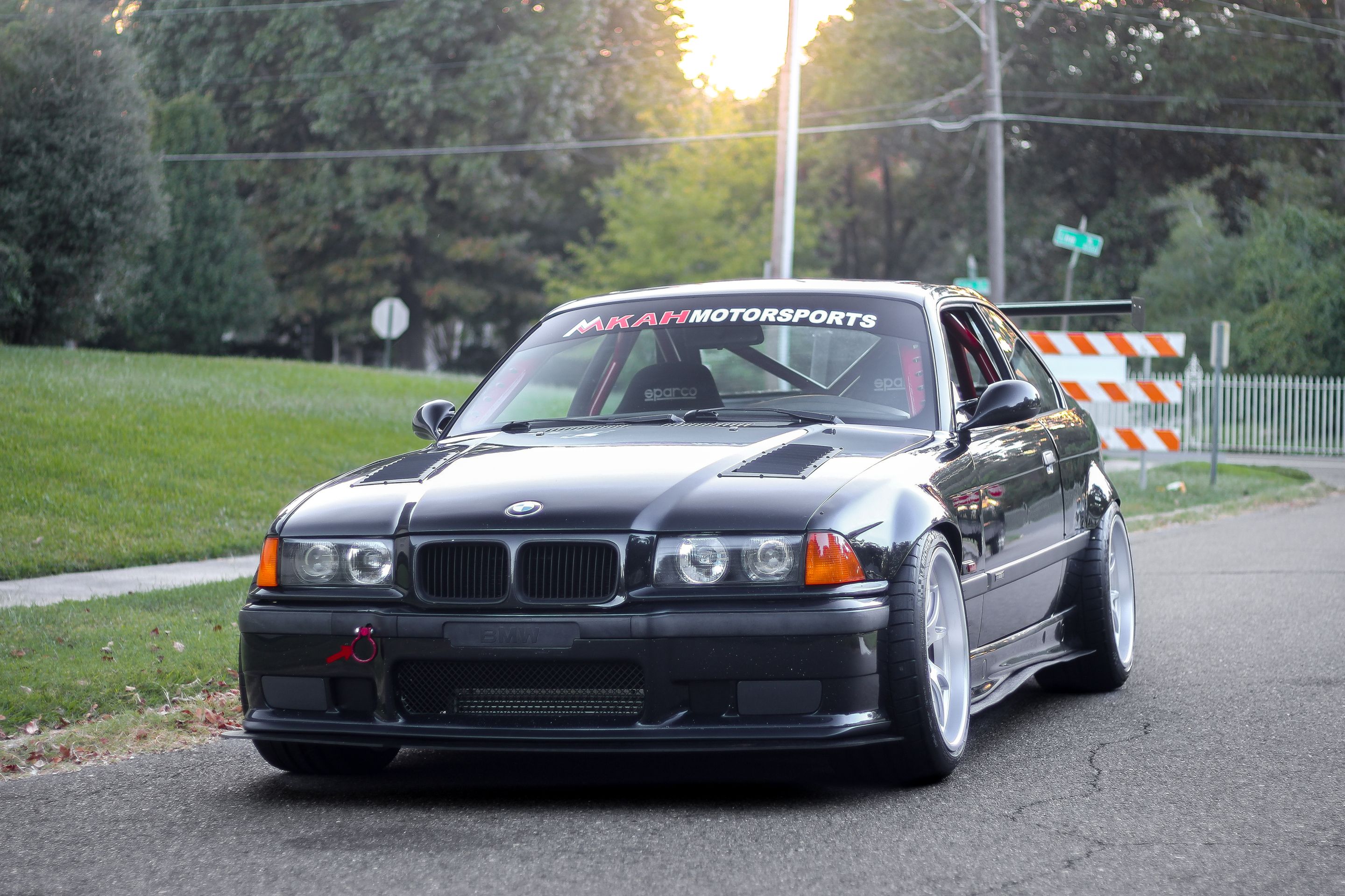 Black BMW E36 M3 with 18" FL-5 Apex wheels in Race Silver